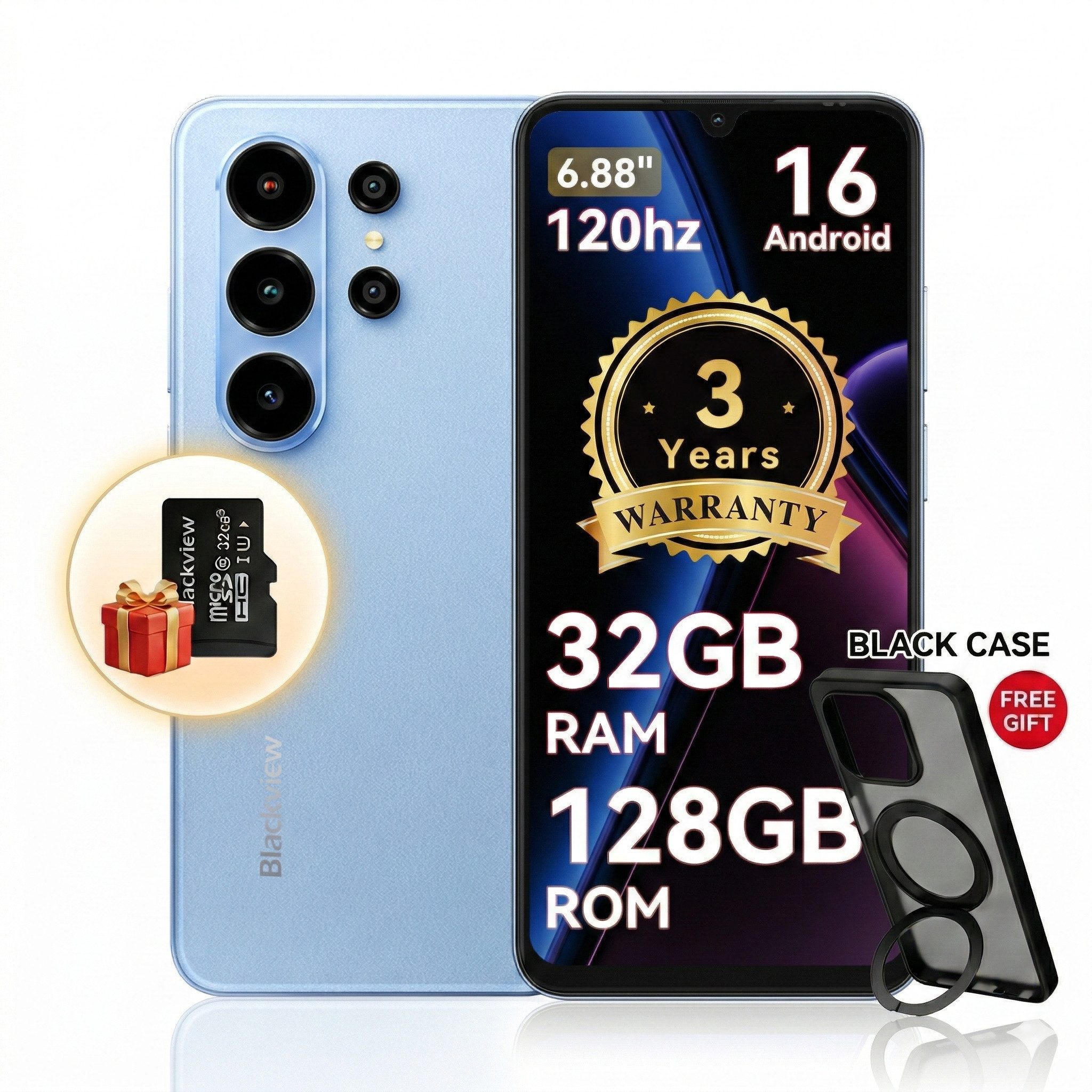 blackview Blackview A16 WAVE 10 (32+128) AI Smartphone (6.88 Zoll, 32 MP Kamera, Android 14, 64GB, Dual SIM 4G, AI-Dialog)