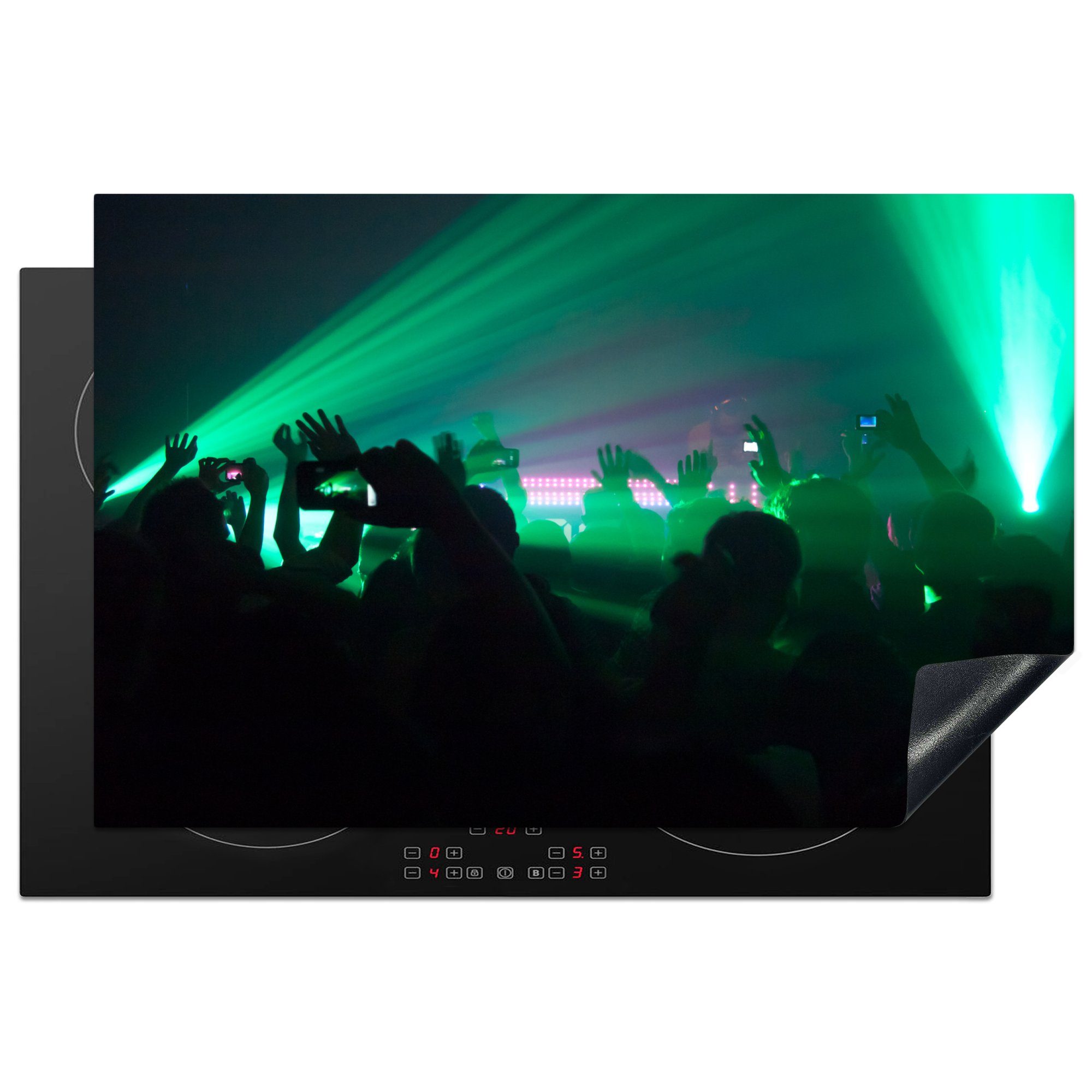 MuchoWow Herdblende-/Abdeckplatte Tanzende Menschen unter grünem Licht, Vinyl, (1 tlg), 81x52 cm, Induktionskochfeld Schutz für die küche, Ceranfeldabdeckung