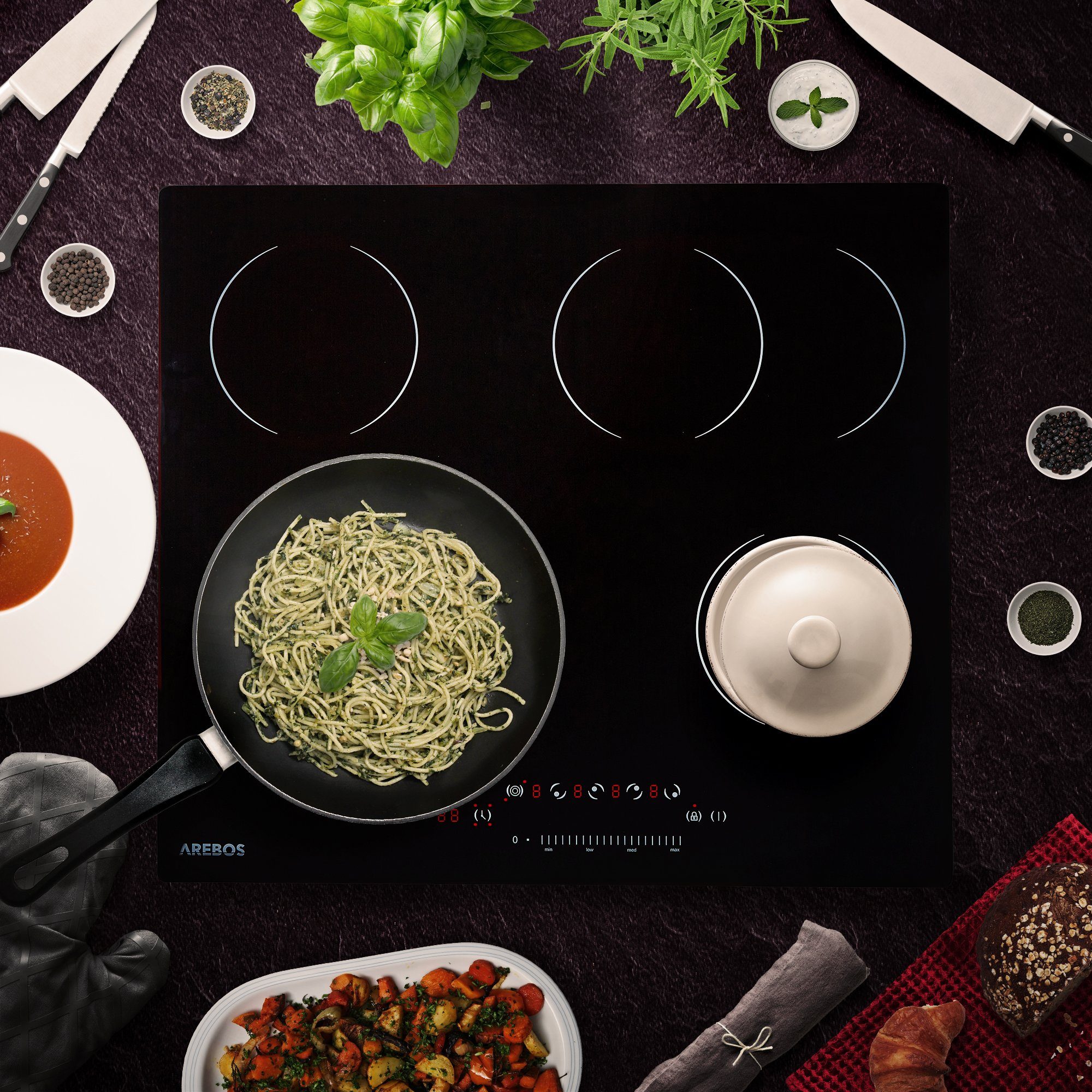 Arebos Elektro-Kochfeld Glaskeramikkochfeld - 6600W - 4 Kochzonen, Sensor-Touch, Autoabschaltung, Kindersicherung/Tastensperre