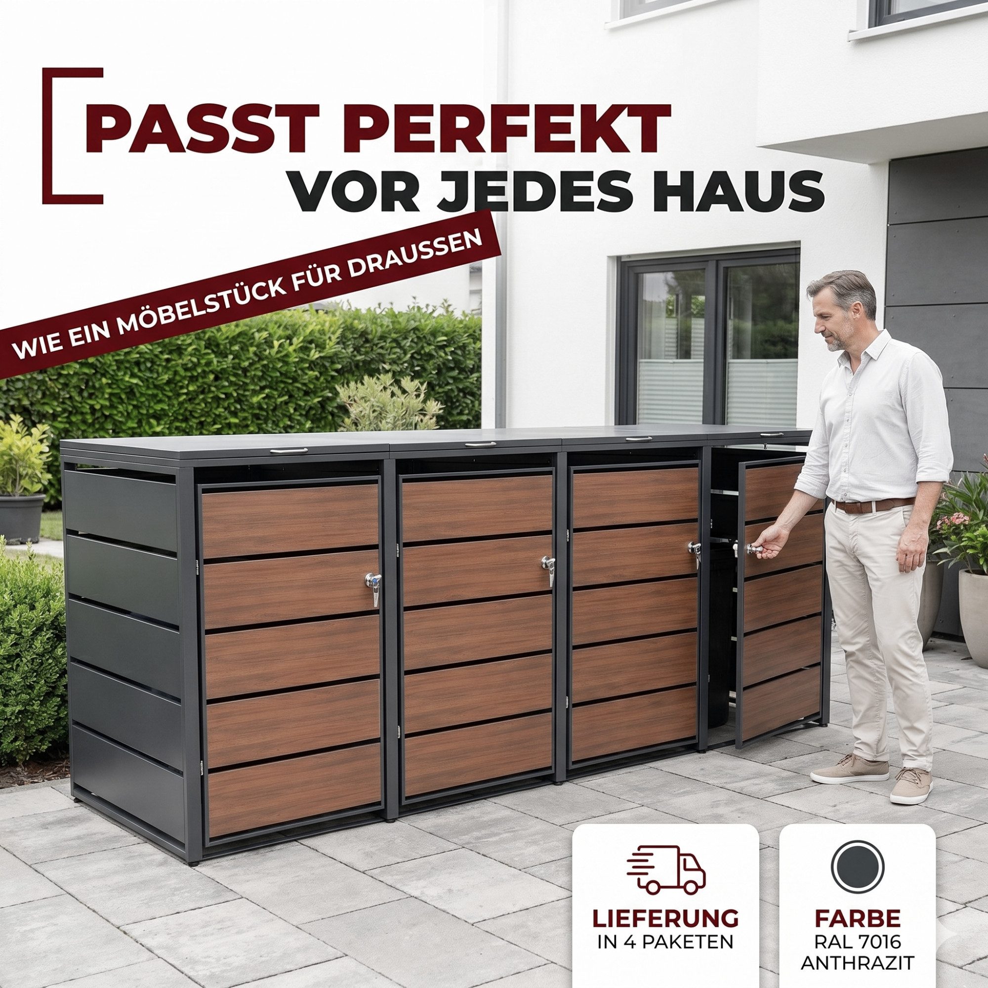 Albatros International Mülltonnenbox Mülltonnenbox 4er Holzdekor, 120L bis 240L – Bild 5 von 5