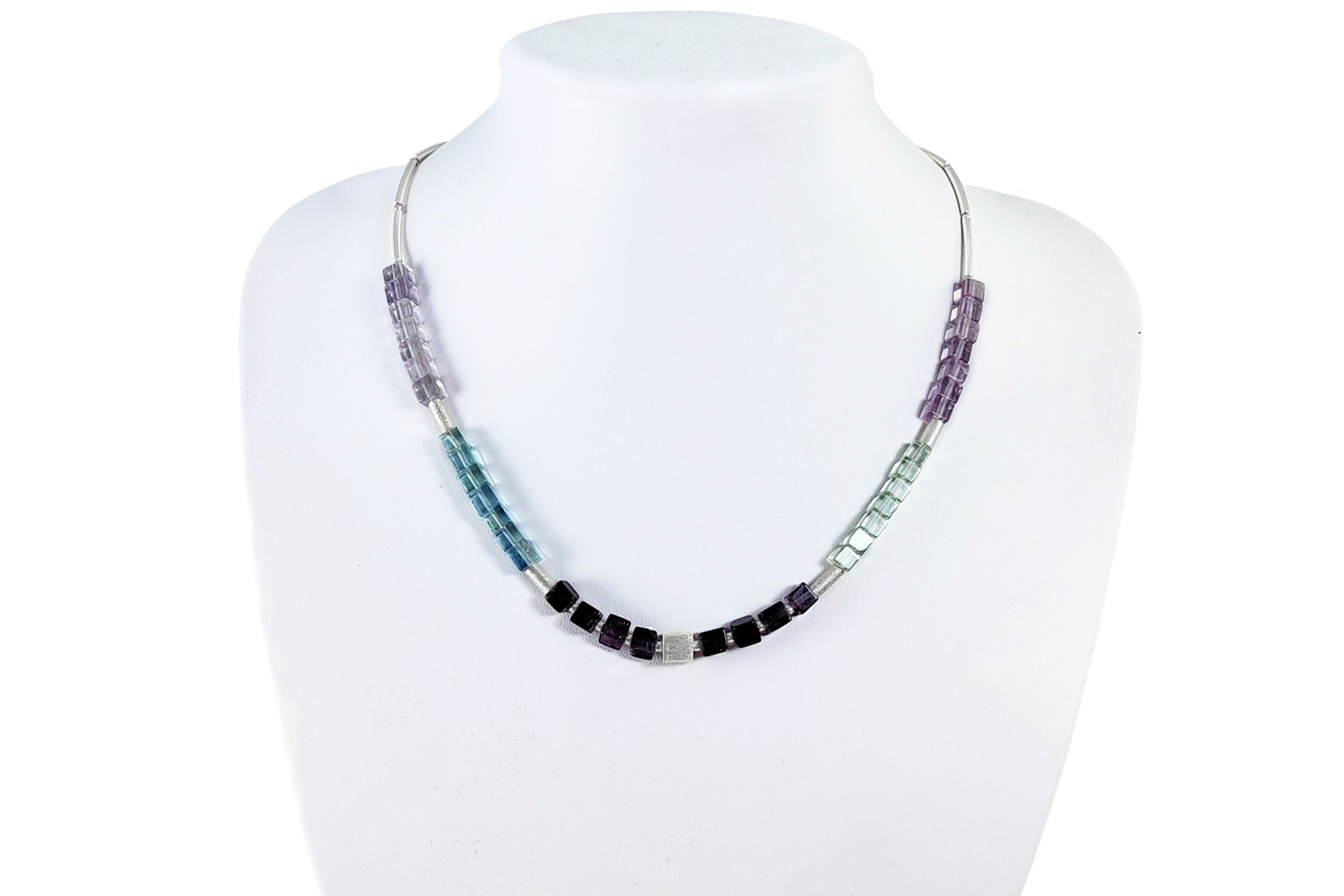 ALUNA Kette ohne Anhänger Edelsteinkette mit Fluorit Würfel (inklusive Schmuckbox), Schmuckteile Silber 925 - Made in Germany - ke0348x12