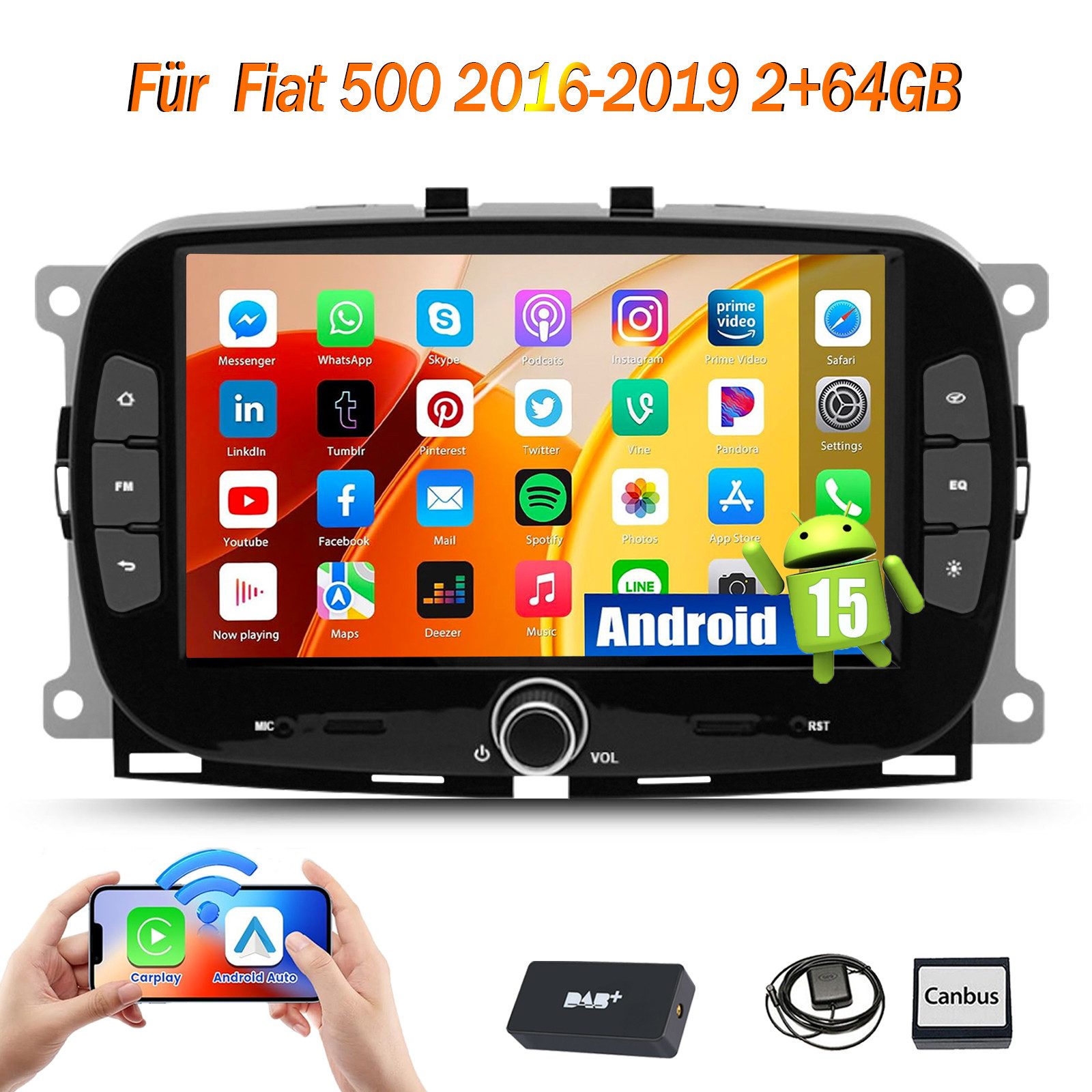 ESSGOO DAB+ Carplay Für Fiat 500 2016-2019 Android 15 Autoradio GPS Navi WIFI Autoradio (FM, RDS, 4+64GB(optional), DAB+ (optional), Carplay Android Auto Bluetooth EQ USB GPS Navi WIFI Touchscreen)