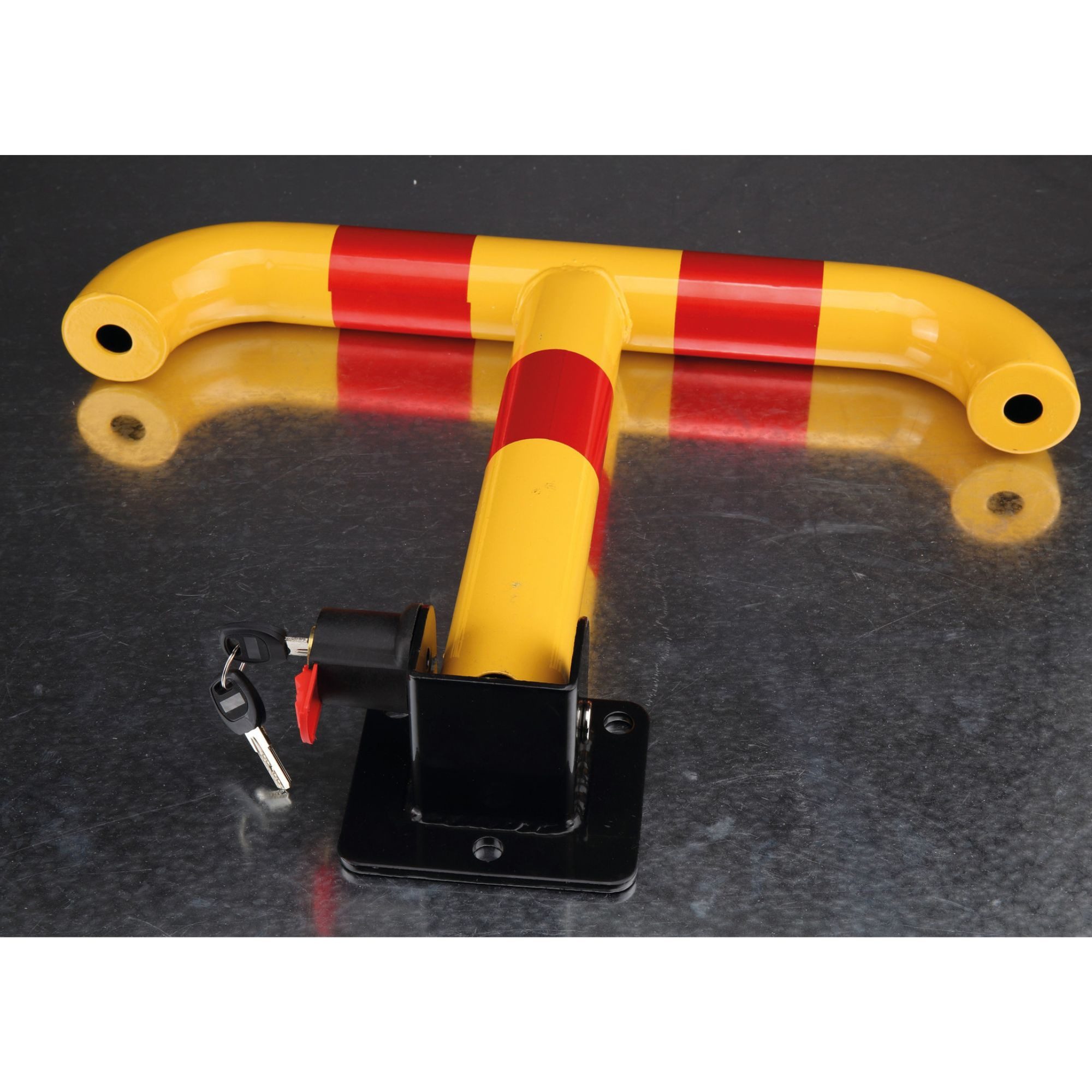 BASI Absperrpfosten Absperrpfosten, Parkpfosten, Parkplatzsperre (Packung, mit Halterung), rob. absperrbarer Pfosten, umlegbar, T-Form, Montagemat. inkl.