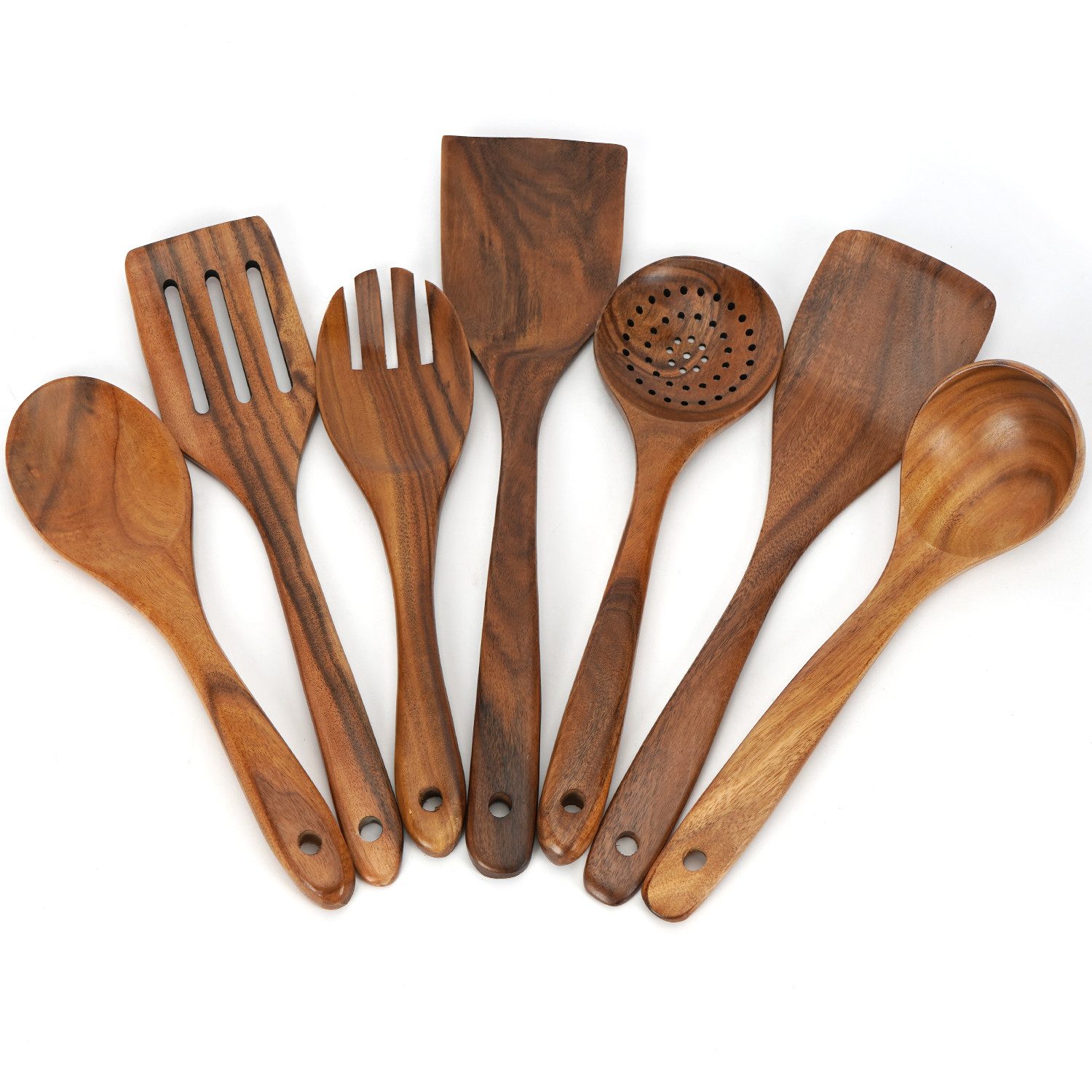OSTWOLKE Kochbesteck-Set Kochlöffel Holz aus natürlichem Teakholz 7-teilig Küchenhelfer Set