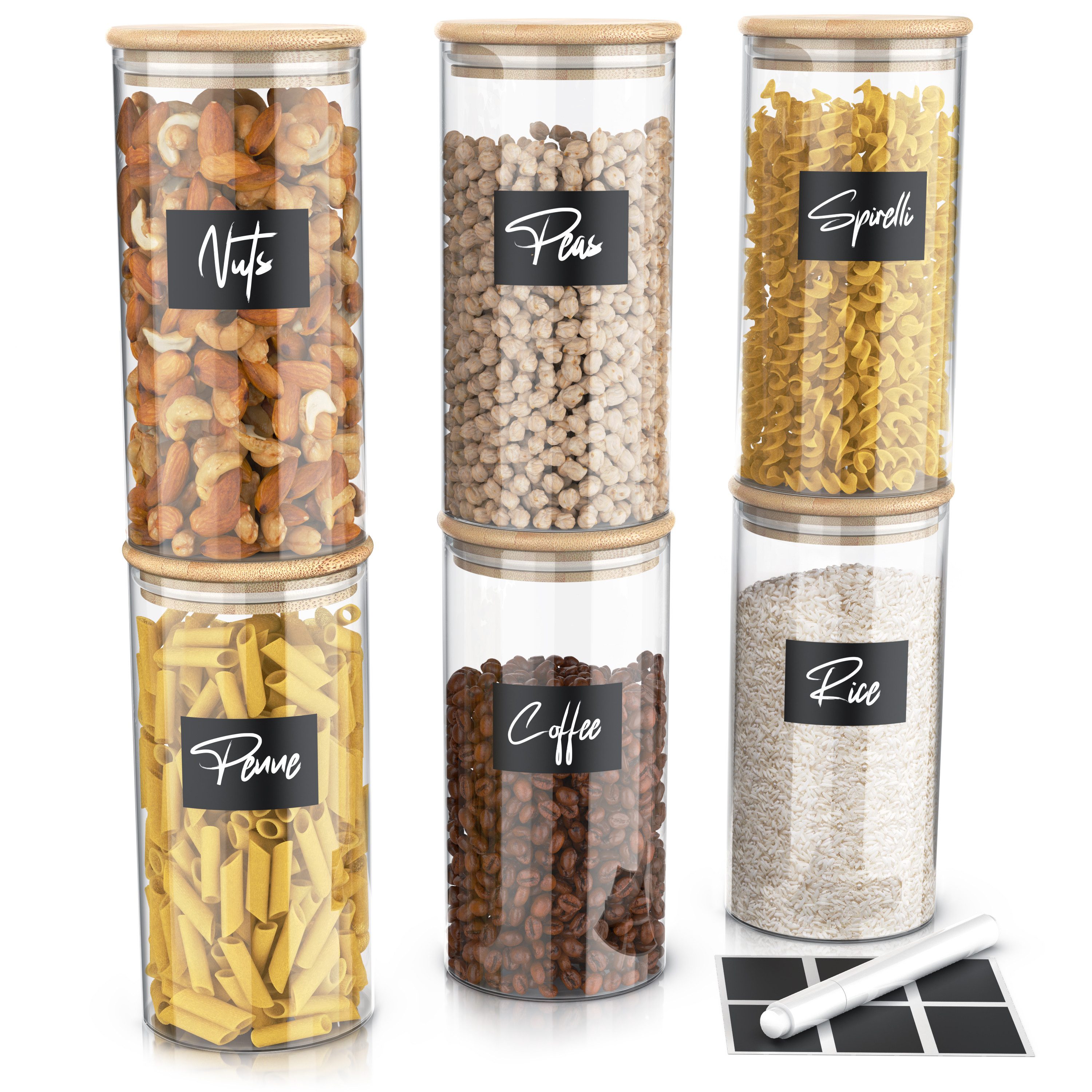 Arendo Aufbewahrungsbecher Glasbehälter-Set 6x 1,5L Borosilikat, Bambusdeckel, Aufkleber & Marker, Borosilikatglas, Bambus, Silikon, (Vorratsbehälter-Set, 6-tlg., 6er Set), Hitzebeständig, luftdicht, mikrowellengeeignet und spülmaschinenfest