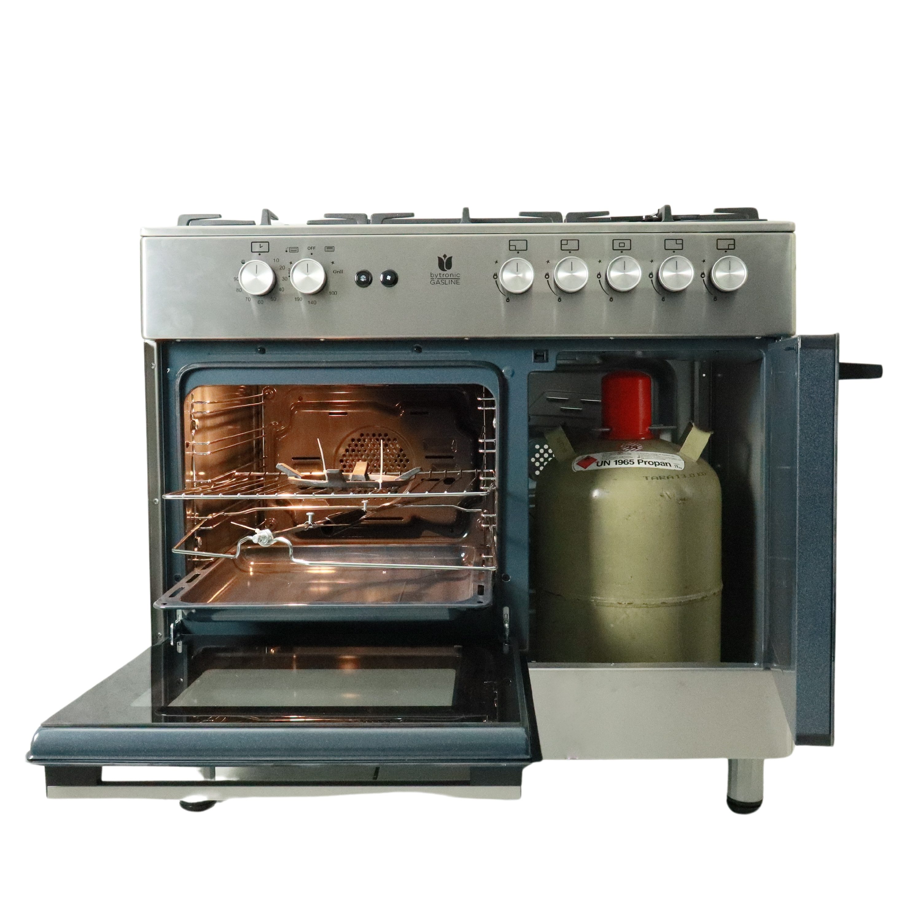 Gasline Gas-Standherd mit Flaschenschrank GAG90GOXFL, mit 1-fach-Teleskopauszug, Edelstahl, Vollzündsicherung, 90 cm breit mit WOK Brenner und Drehspieß Propangas