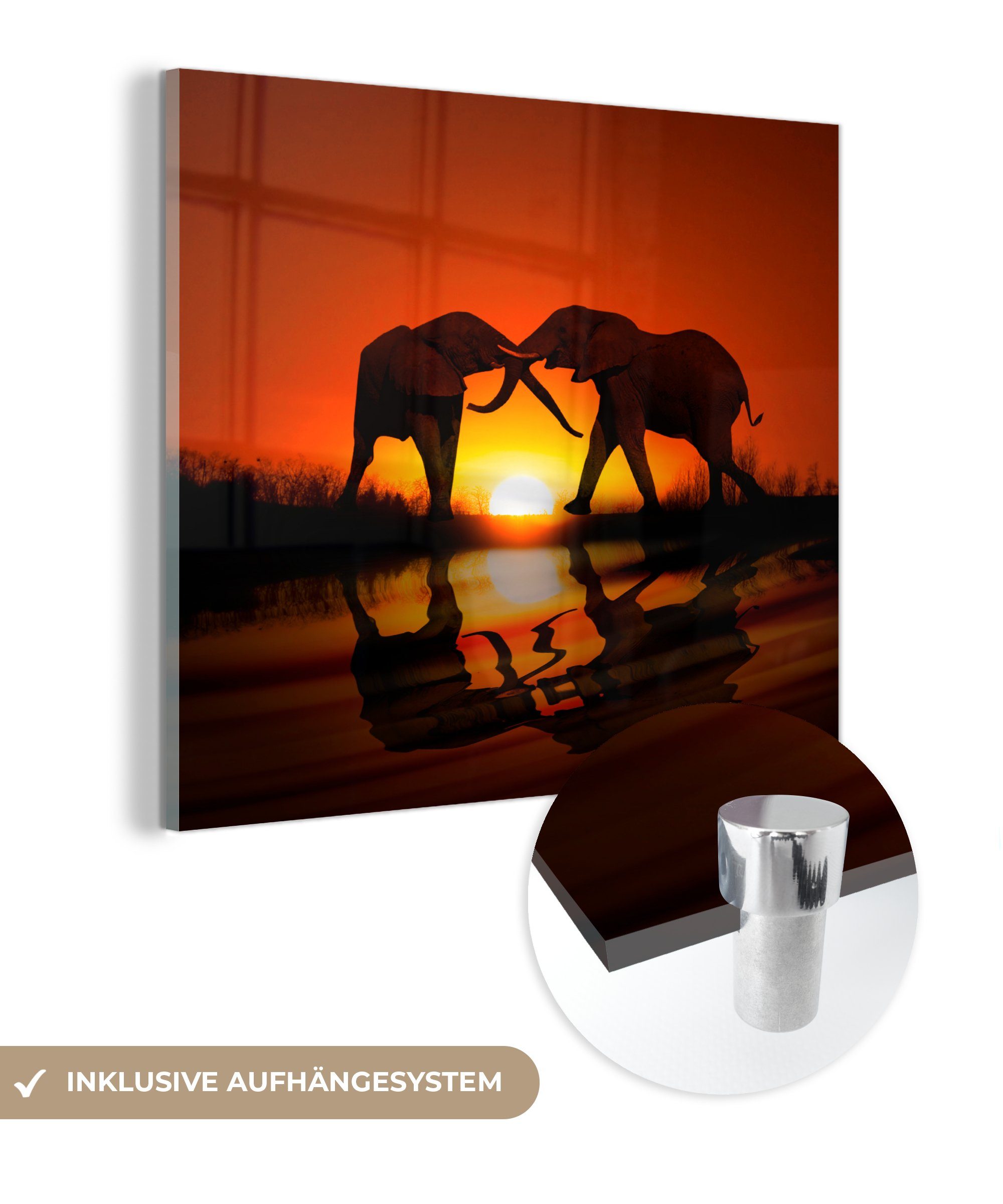 Glasbilder Glas bunt - Wandbild Foto MuchoWow auf Glas St), - bei auf Wanddekoration Acrylglasbild Elefantenpaar Sonnenuntergang, Bilder (1 -
