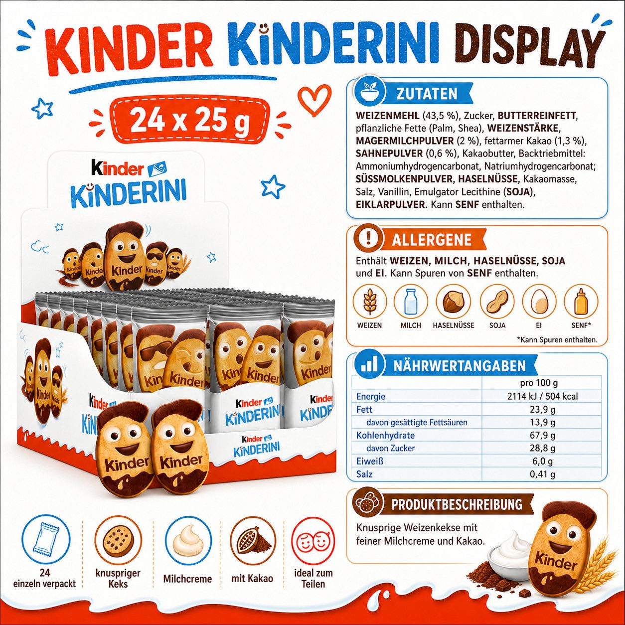kinder Süßigkeit Ferrero Kinder Kinderini Kakao-Kekse mit Milchcreme 24 x 25 g