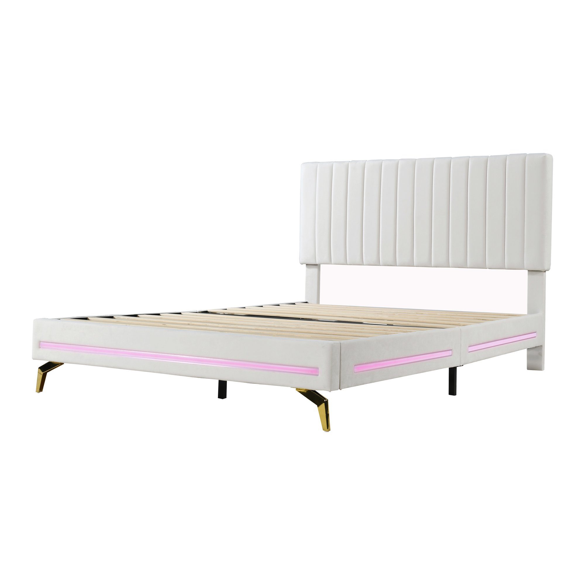 Polsterbett (Doppelbett), mit verstellbarem Kopfteil und LED Beleuchtung, Samt, 140x200cm