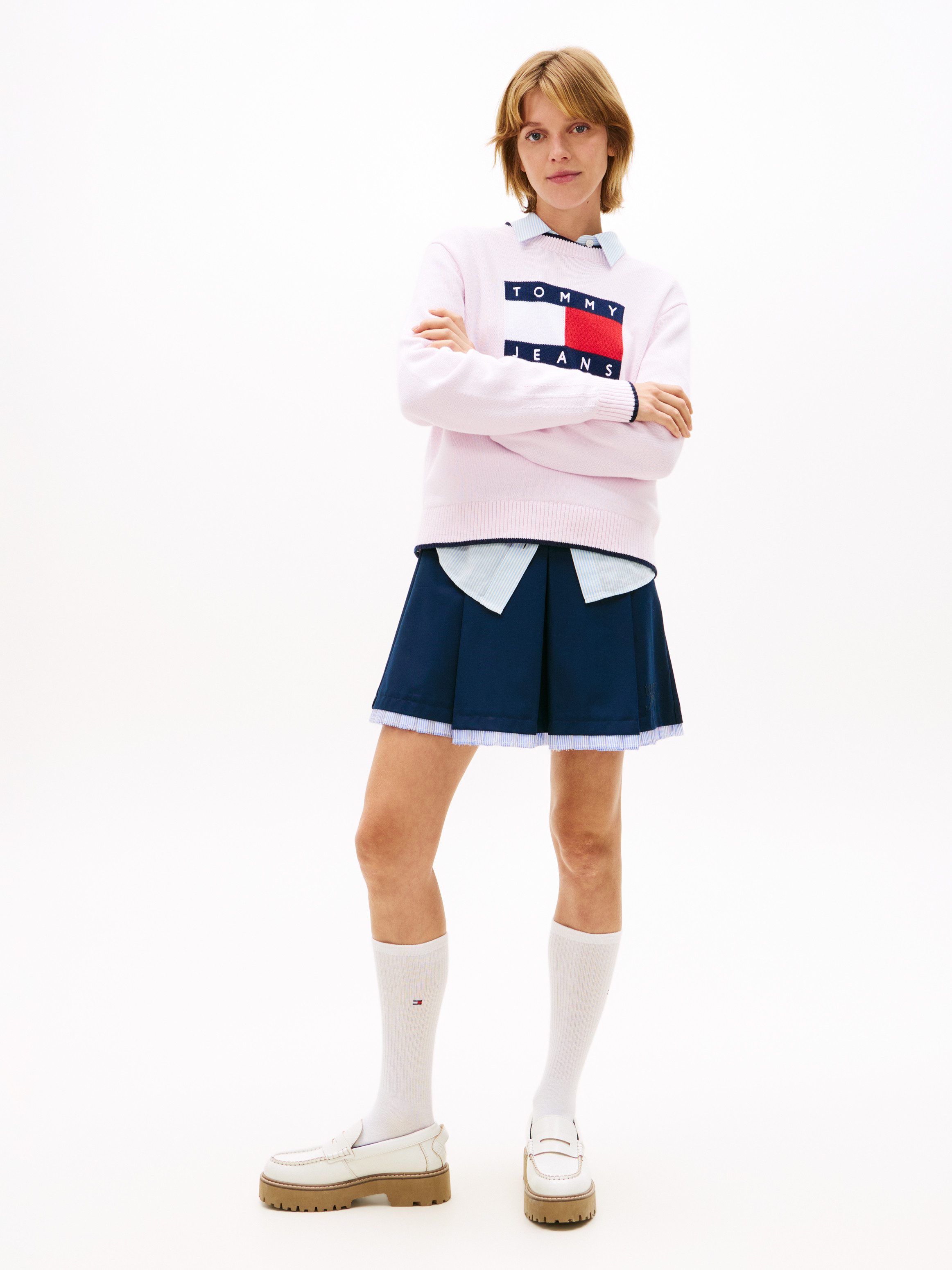 Tommy Jeans Strickpullover TJW TIPPING FLAG SWEATER EXT mit Logo-Intarsie, Relaxed Fit
