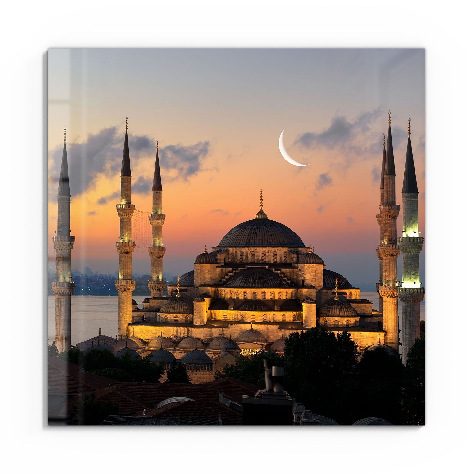 DEQORI Glasbild 'Mondsichel über Moschee', 'Mondsichel über Moschee', Glas Wandbild  Bild schwebend modern