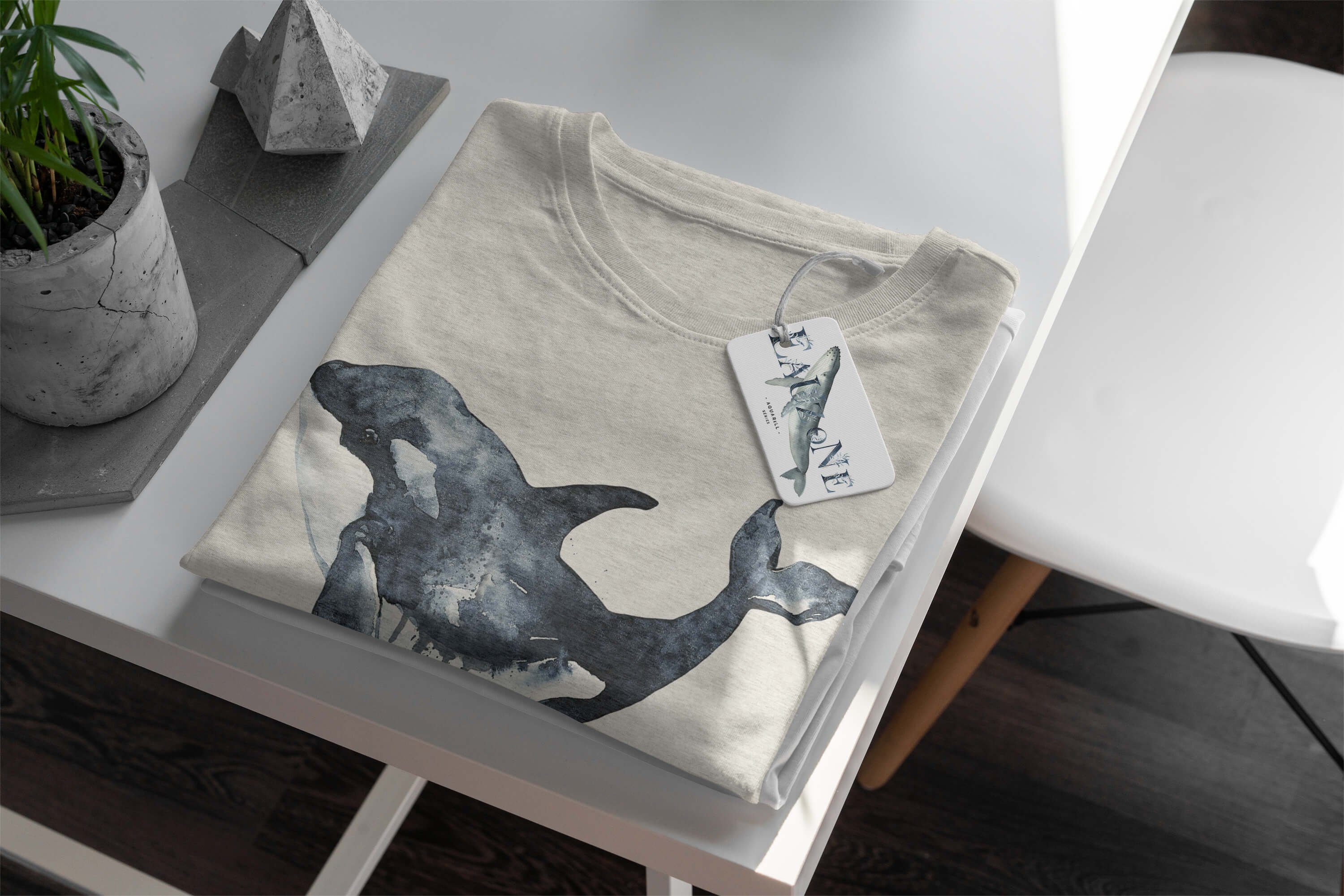 Sinus Art Orca Ökomo T-Shirt (1-tlg) Bio-Baumwolle 100% Wasserfarben gekämmte Herren T-Shirt Killerwal Shirt Nachhaltig Motiv