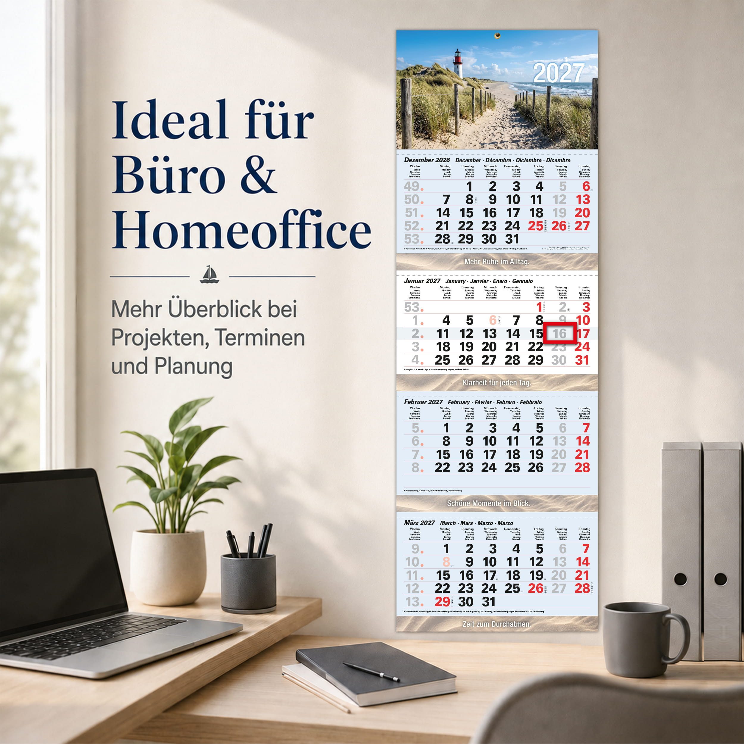 TOBJA Wandkalender 4 Monatskalender 2027 Nordsee Leuchtturm Strand 32x95,5 maritim FSC, Leuchtturm-Motiv, maritim, 32x95,5 cm, Datumsschieber, Metallöse – Bild 4 von 5