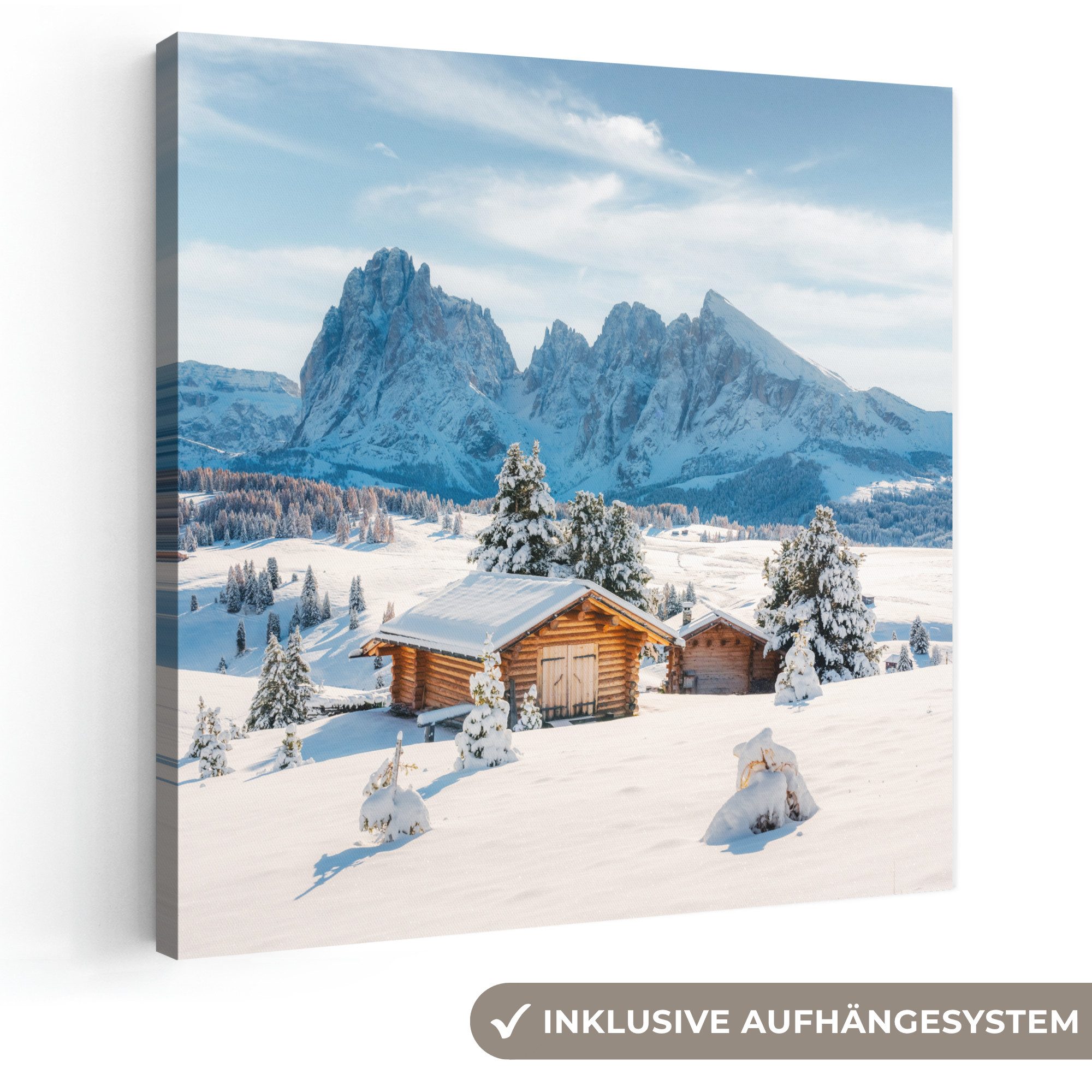 OneMillionCanvasses® Leinwandbild Winter - Hütte - Berge - Aussicht - Schnee, Fotodruck (1 St), Wandbild, Deko Schlafzimmer Wohnzimmer Flur 20x20 cm