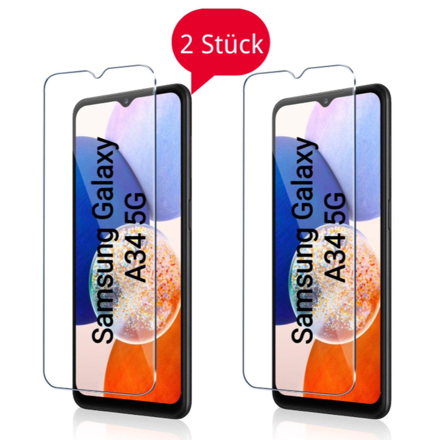 CLM-Tech 2x Schutzfolie für Samsung Galaxy A34 5G - Panzerfolie für Samsung Galaxy A34 5G, Displayschutzglas, - Panzerglas Folie - Anti-Fingerabdruck und kratzfest -, 2 Stück, Unterstützt Fingerabdruck-ID, Kristallklar