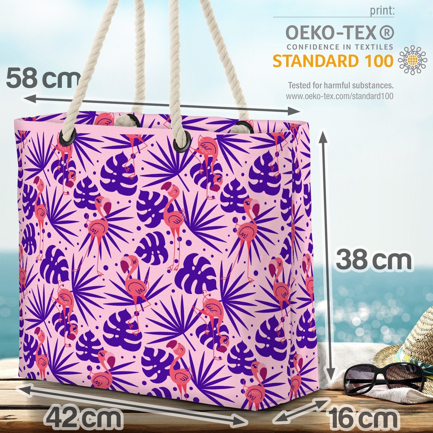 VOID Strandtasche (1-tlg), Flamingo Palmen lila Beach Reise Tiere Urlaub Sommer Bag Pool gestreift Muster