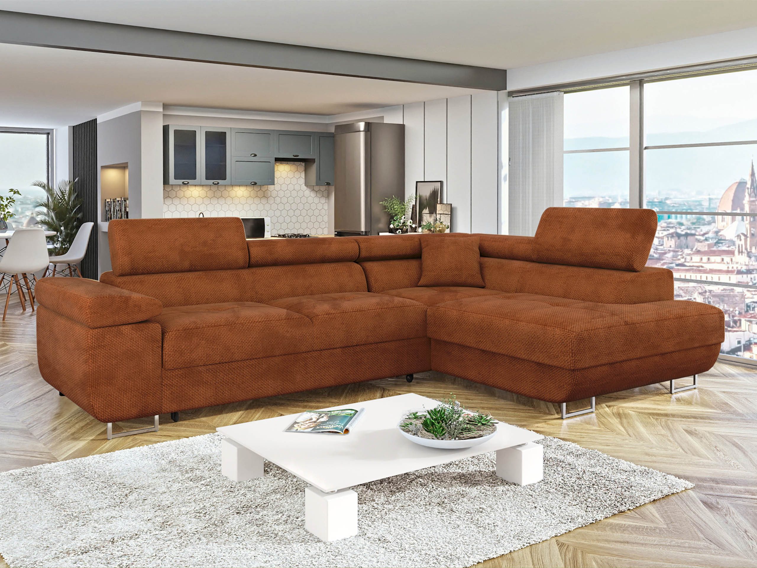 MIRJAN24 Ecksofa Torezio, mit Bettkasten und Schlaffunktion, Einstellbare Kopfstützen, 274x203x70-90 cm