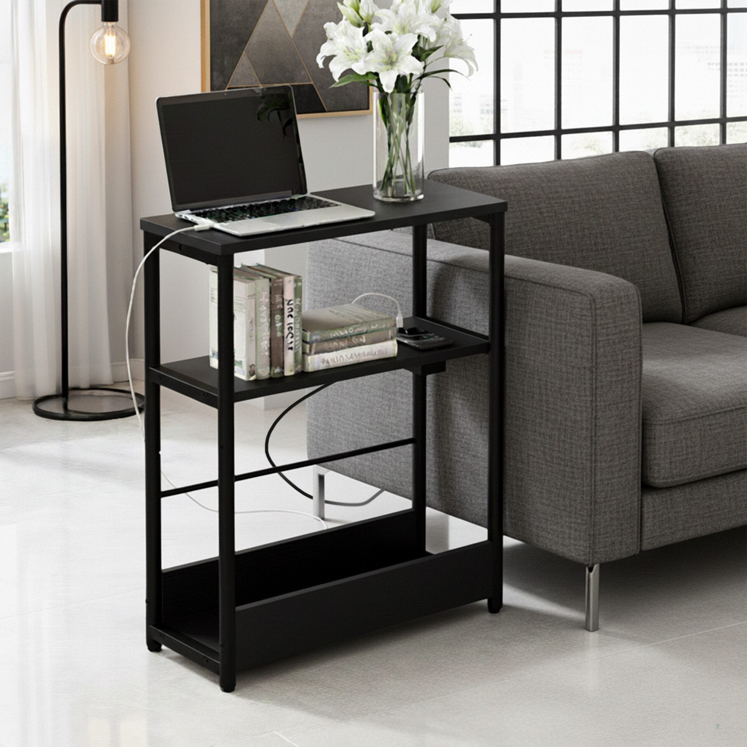 relaxdays Beistelltisch mit Steckdose & USB Ports, schwarz günstig online kaufen