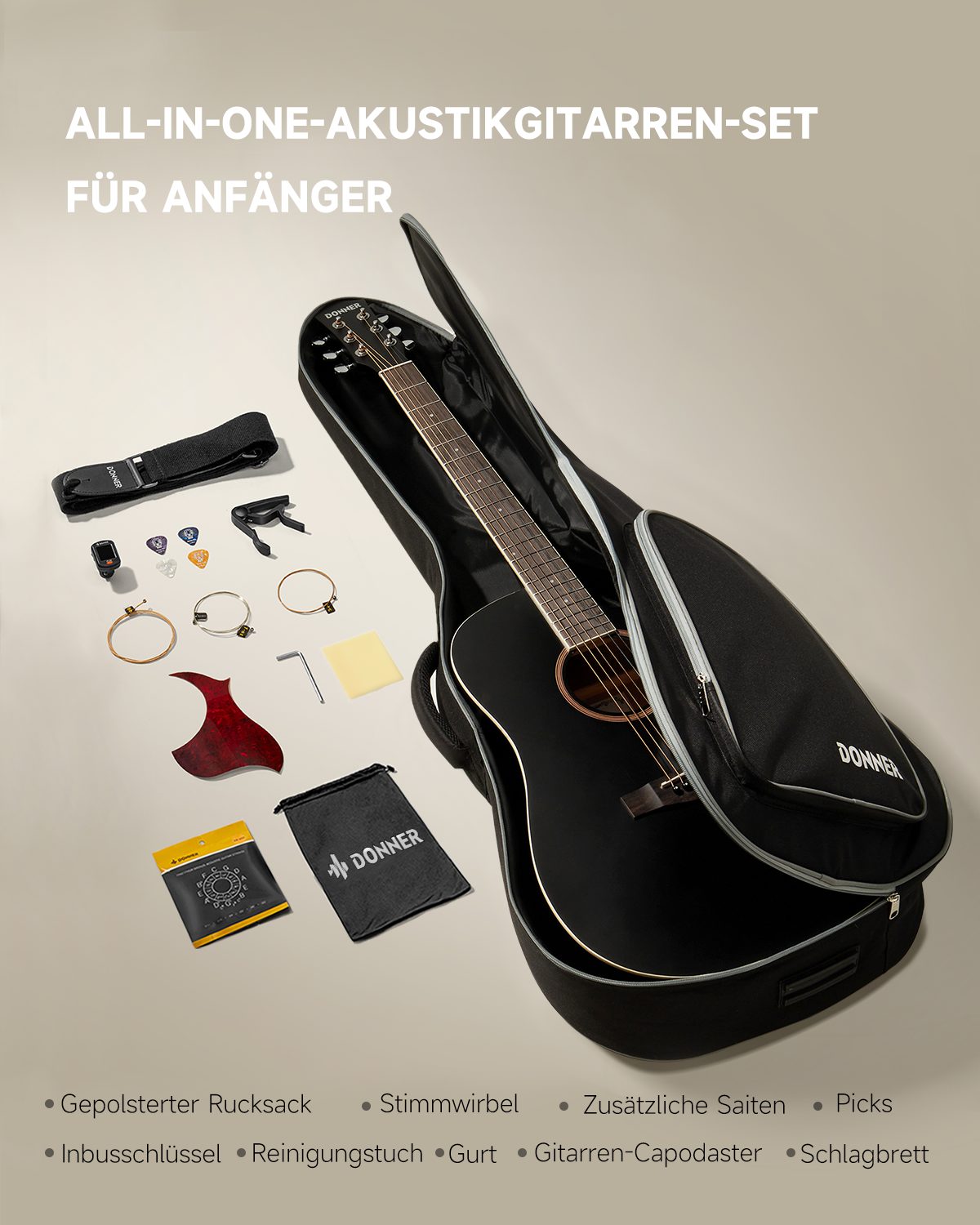 Donner Akustikgitarre Akustikgitarre in voller Größe 41 Zoll DAG-1CB, Komplettset, mit Gigbag, Gurt, Stimmgerät, Schlagbrett, für Anfänger in voller Größe kompl – Bild 5 von 5