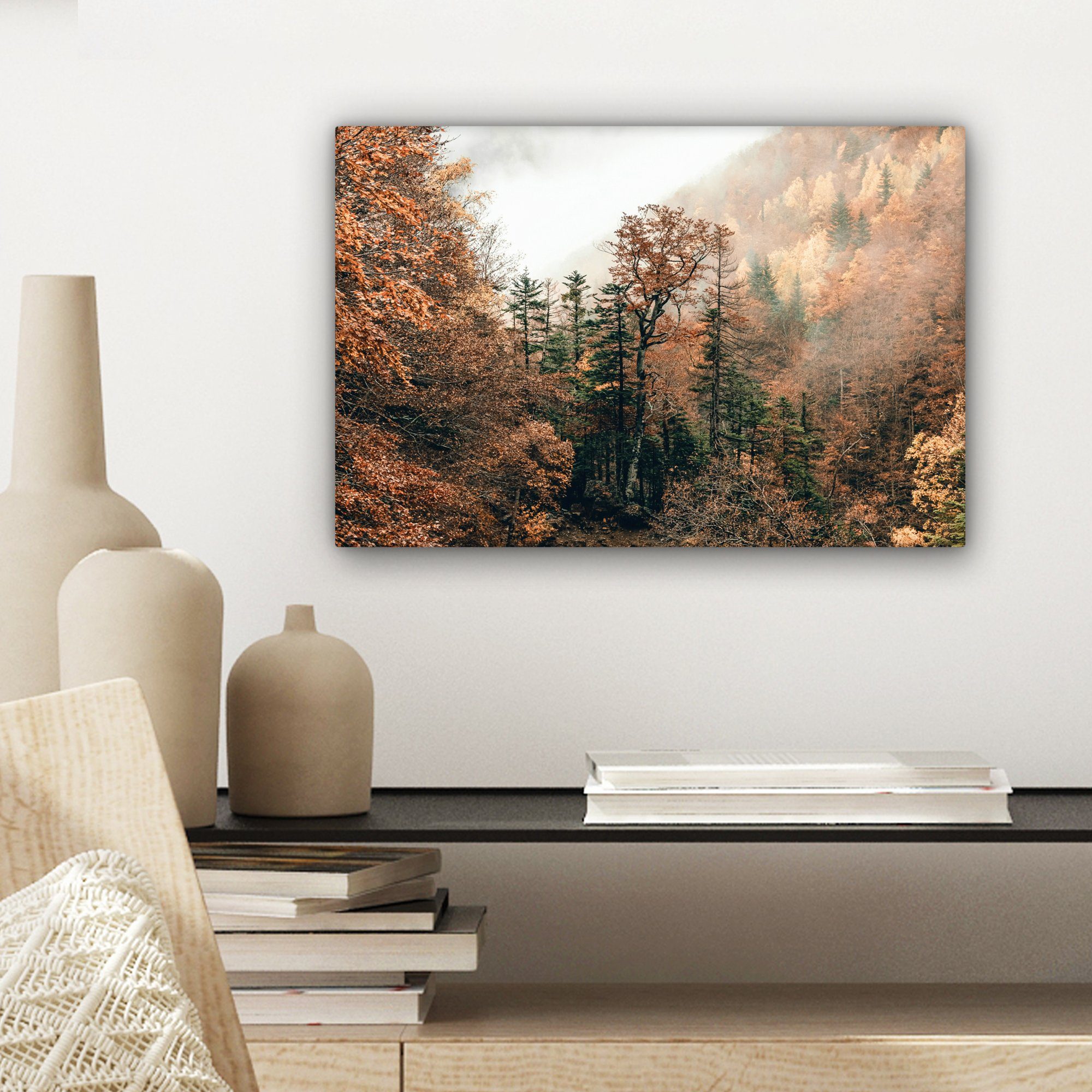 Wanddeko, - Nebel Leinwandbilder, (1 OneMillionCanvasses® Wald Leinwandbild Wandbild - cm 30x20 Natur St), - Aufhängefertig, Herbst,