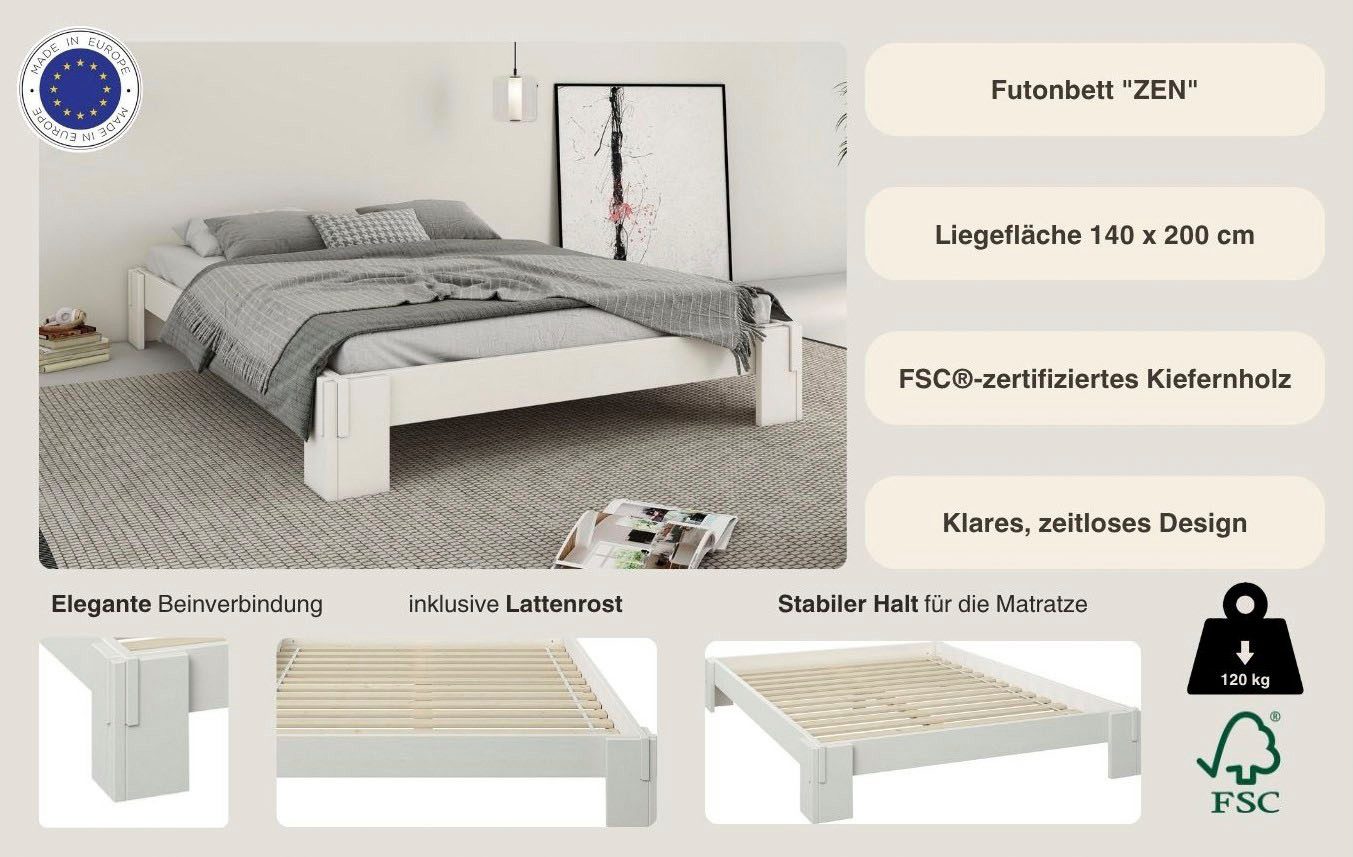 OTTO home Futonbett "ZEN " zertifiziertes Massivholz (Kiefer), Massivholzbett, zeitlos elegant