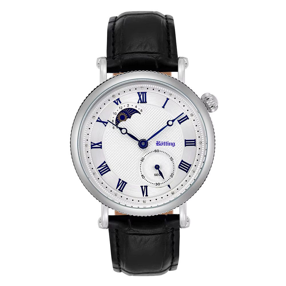 Rötting Design Quarzuhr Herrenuhr weiß silberfarb Ziffernbl Tag/Nacht Phase kleine Sekunde, Tag / Nacht Phasen Anzeige