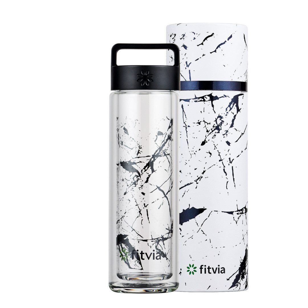 fitvia Thermoflasche Thermoflasche "Black Marble", Doppelverglasung, Wärme- und Kältefunktion
