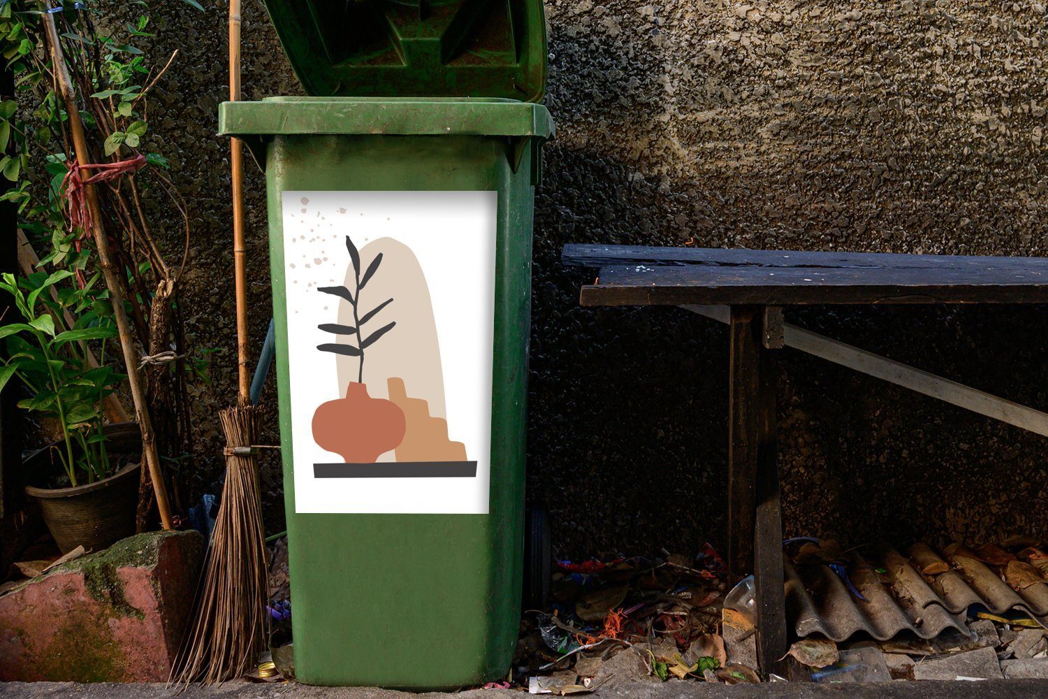 St), Mülleimer-aufkleber, Regal - Abfalbehälter Pflanze Weiß - MuchoWow Mülltonne, Sommer Wandsticker Container, (1 - Sticker,