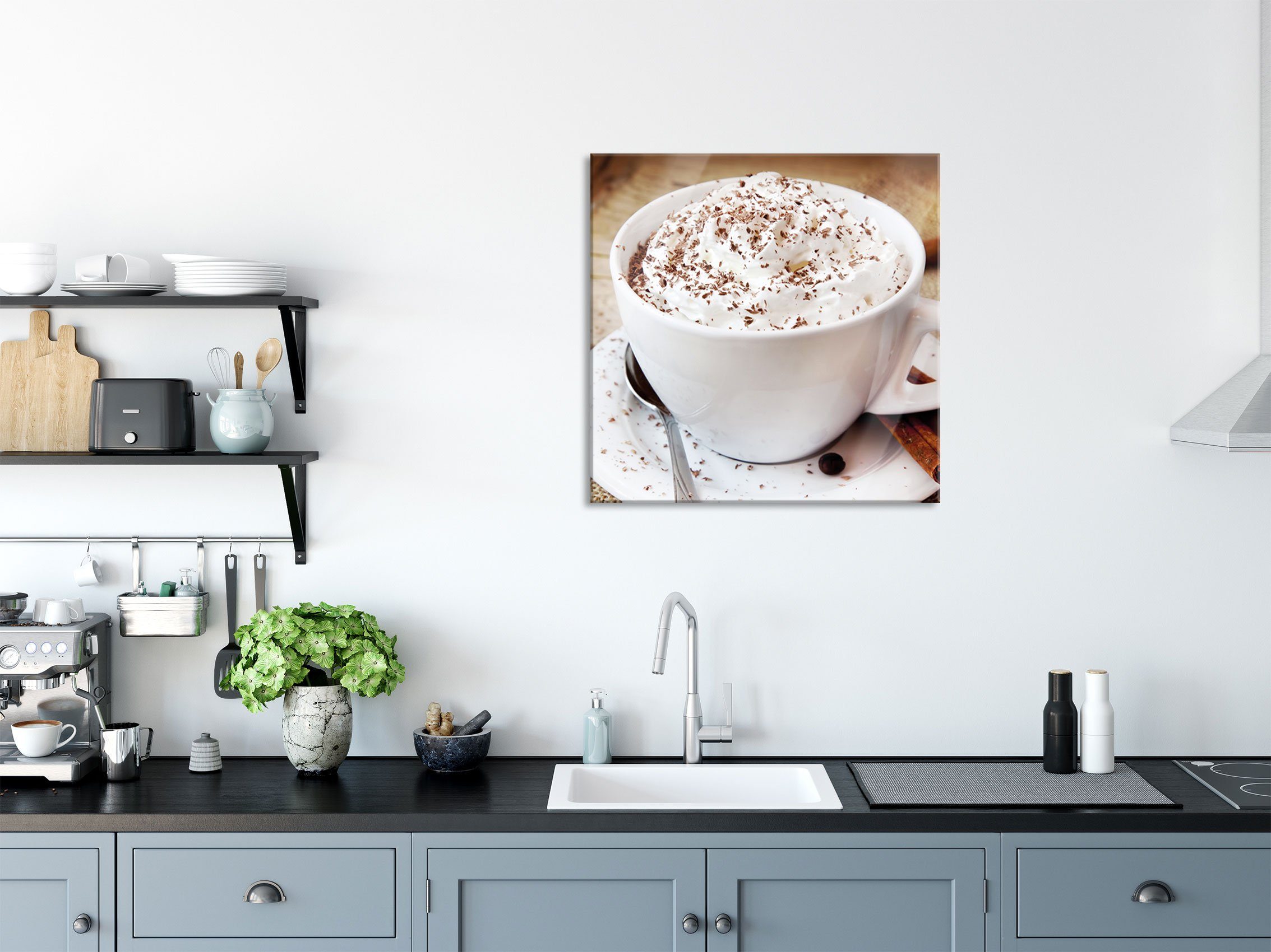 Frischer Frischer Glasbild inkl. Pixxprint (1 Glasbild und mit St), Abstandshalter Kaffee Kaffee aus Aufhängungen mit Schokostreusel, Schokostreusel Echtglas,