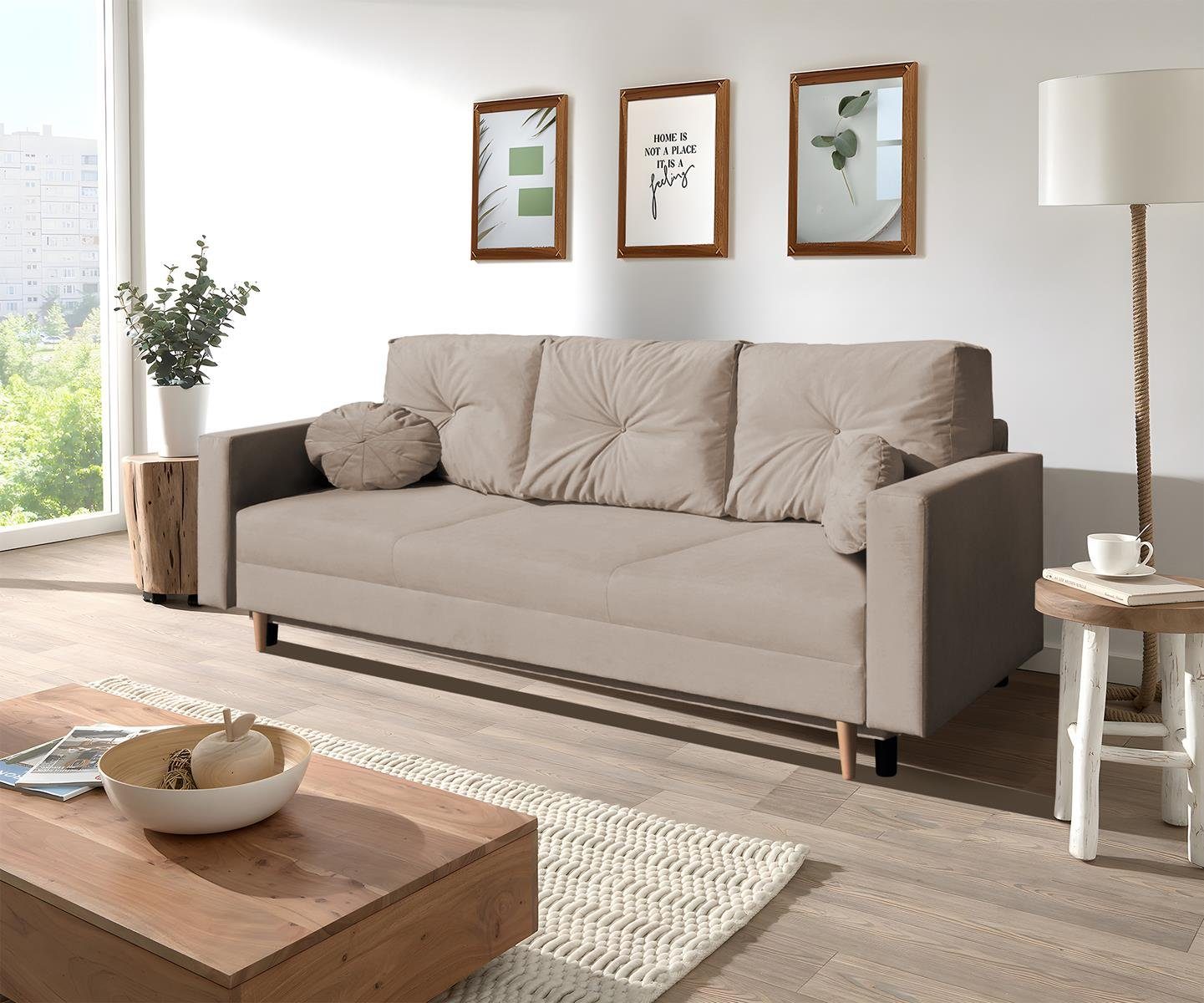 Beautysofa 3-Sitzer MILAN, skandinavisches Design, Wellenunterfederung, Bettkasten, Holzbeine, 3-Sitzer Sofa mit Relaxfunktion Hellbraun (trinity 03)