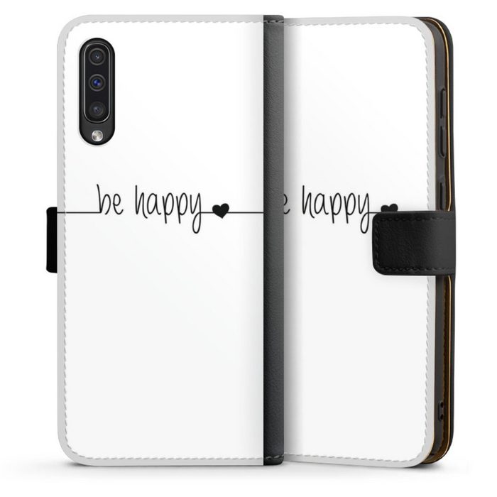 DeinDesign Handyhülle Statement Sprüche Glück Be Happy weisser Hintergrund Samsung Galaxy A50 Hülle Handy Flip Case Wallet Cover