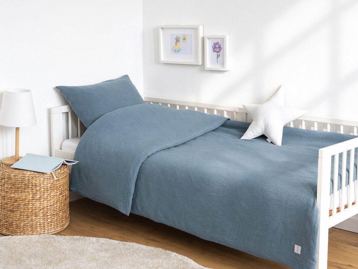 Loolay Kinderbettwäsche MUSSELIN Blau Baumwolle Set viele Größen IKEA passend Kinder Jugend, Atmungsaktive Musselin Bettwäsche - weich & angenehm auf der Haut!