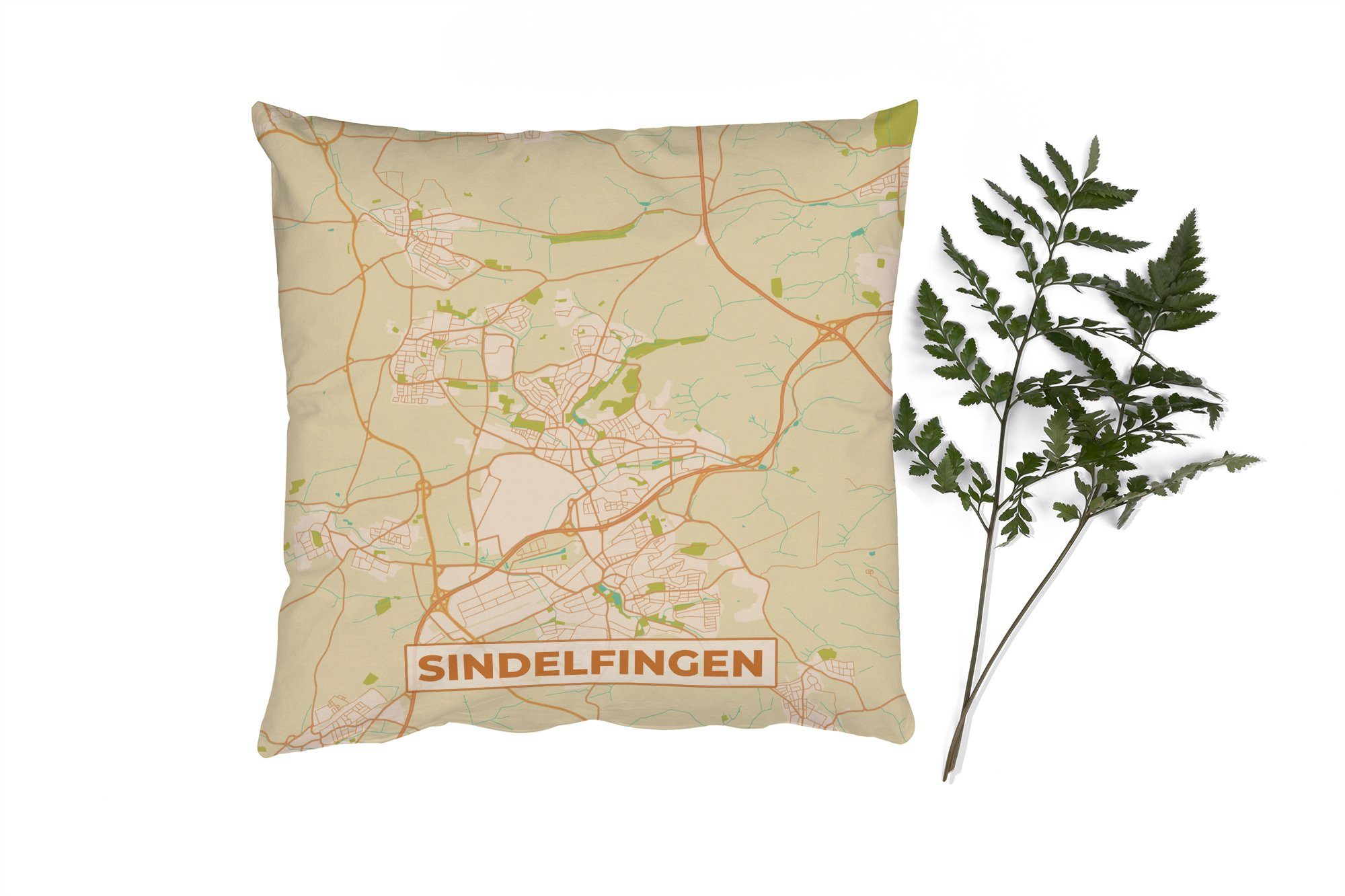 MuchoWow Dekokissen Karte - Sindelfingen - Vintage - Stadtplan, Zierkissen mit Füllung für Wohzimmer, Schlafzimmer, Deko, Sofakissen