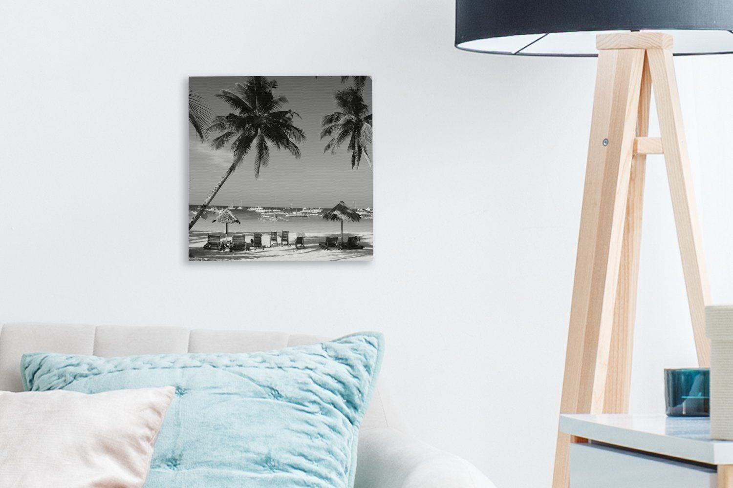 von am und Wohnzimmer Boracay und Strand - weiß, St), OneMillionCanvasses® Palmen (1 Schlafzimmer schwarz Liegestühle Leinwandbild Leinwand Bilder für