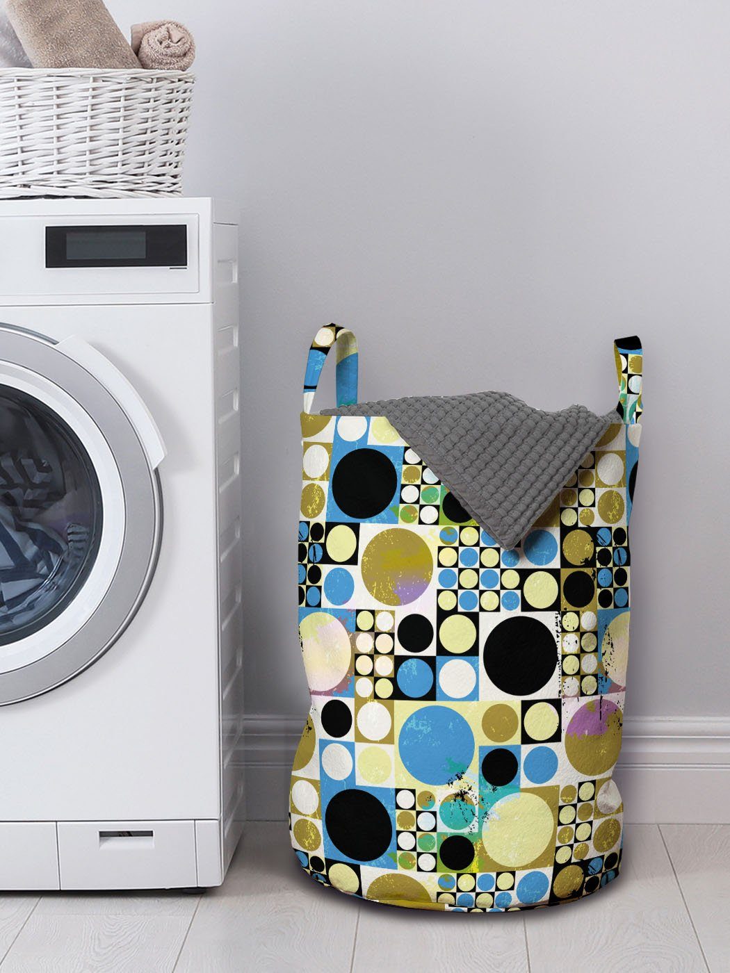 Geometrisch mit Waschsalons, für Abakuhaus Kordelzugverschluss Schmutz-Art-Kreis-Kunst Griffen Wäschesäckchen Wäschekorb