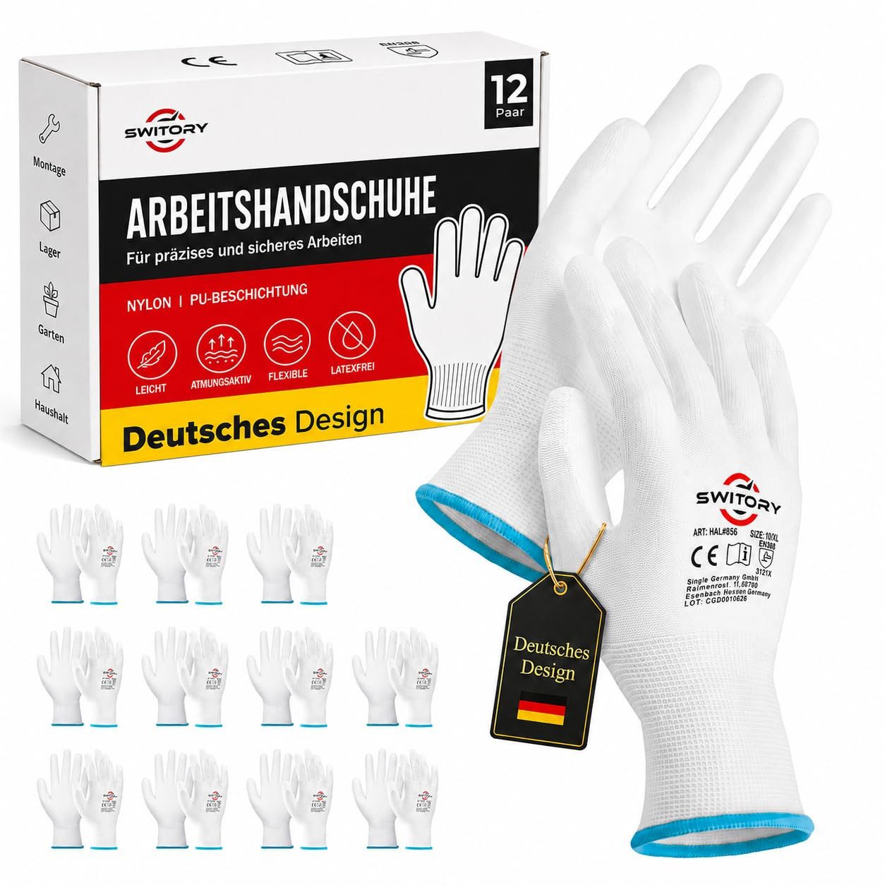Switory Arbeitshandschuhe PU-Feinstrick (12er Set) atmungsaktiv, flexibel, feinfühlig