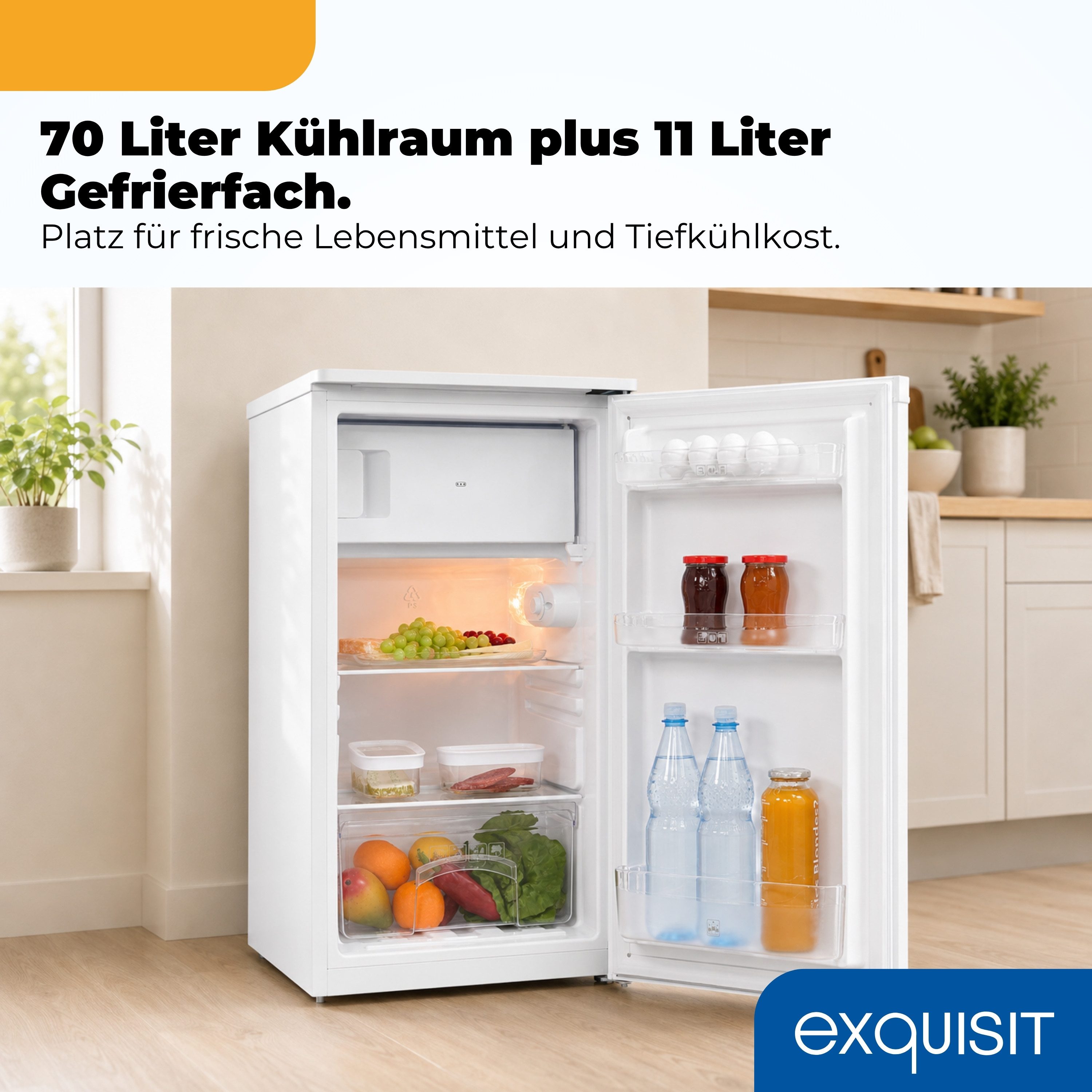 exquisit Kühlschrank KS5117-3-040E, 85 cm hoch, 48 cm breit, LED, Türanschlag wechselbar, Gemüsefach, Temperaturregelung – Bild 5 von 5
