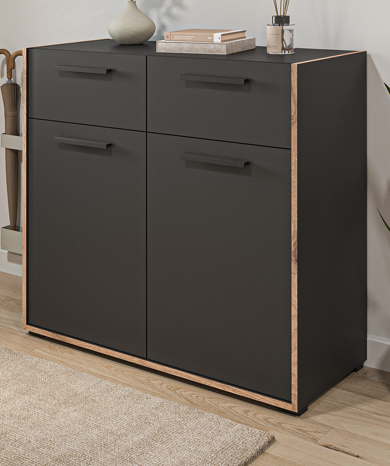 Inn.Furn Schuhkommode Salud (Kommode in Basalt Grau mit Eiche, 95 x 86 cm), mit Vollauszug-Schubladen