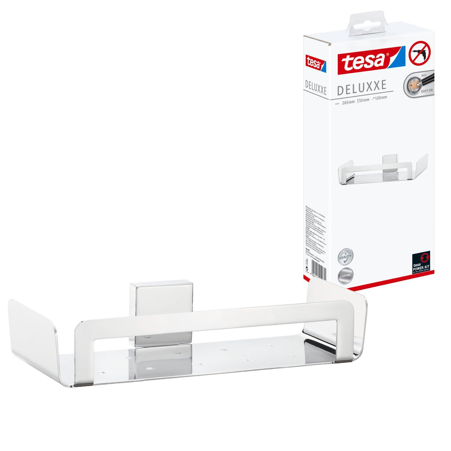 tesa Duschablage DELUXXE Duschkorb ohne Bohren - 5,2 cm : 26,75 cm : 11,6 cm, Packung 1-tlg., selbstklebendes Hängeregal für die Dusche - chrom - silber glänzend