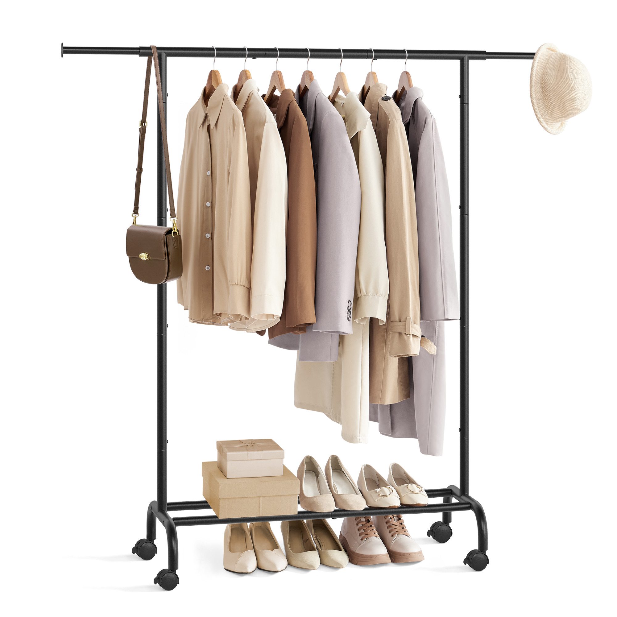 SONGMICS Kleiderständer ausziehbare Kleiderstange, Garderobenständer, 40 x (83-120) x 156 cm, (auf Rollen), Stahlrohren, erhöhte Ablagestange, bis 45 kg belastbar, tintenschwarz