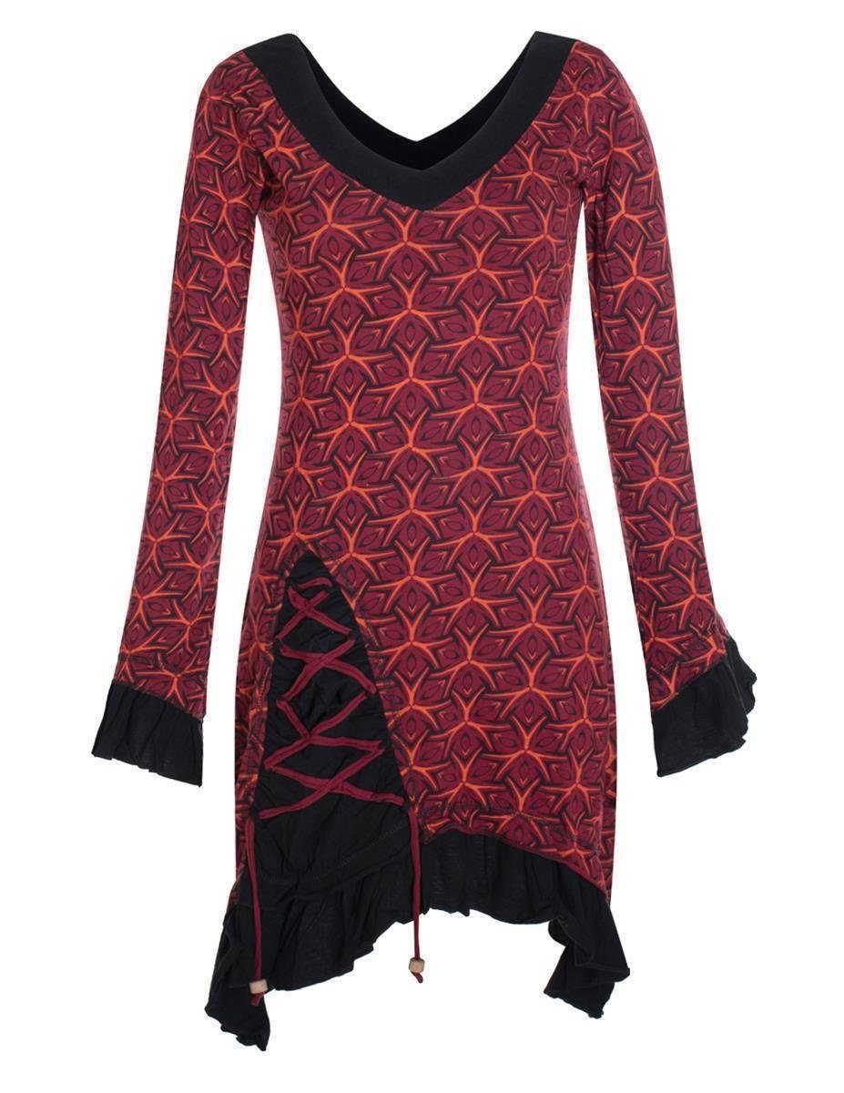 Festkleid Zipfelkleid Volant Elfen, Bedruckt Vishes Hippie, Asymmetrisch dunkelrot Kleid Langarm Rüschen