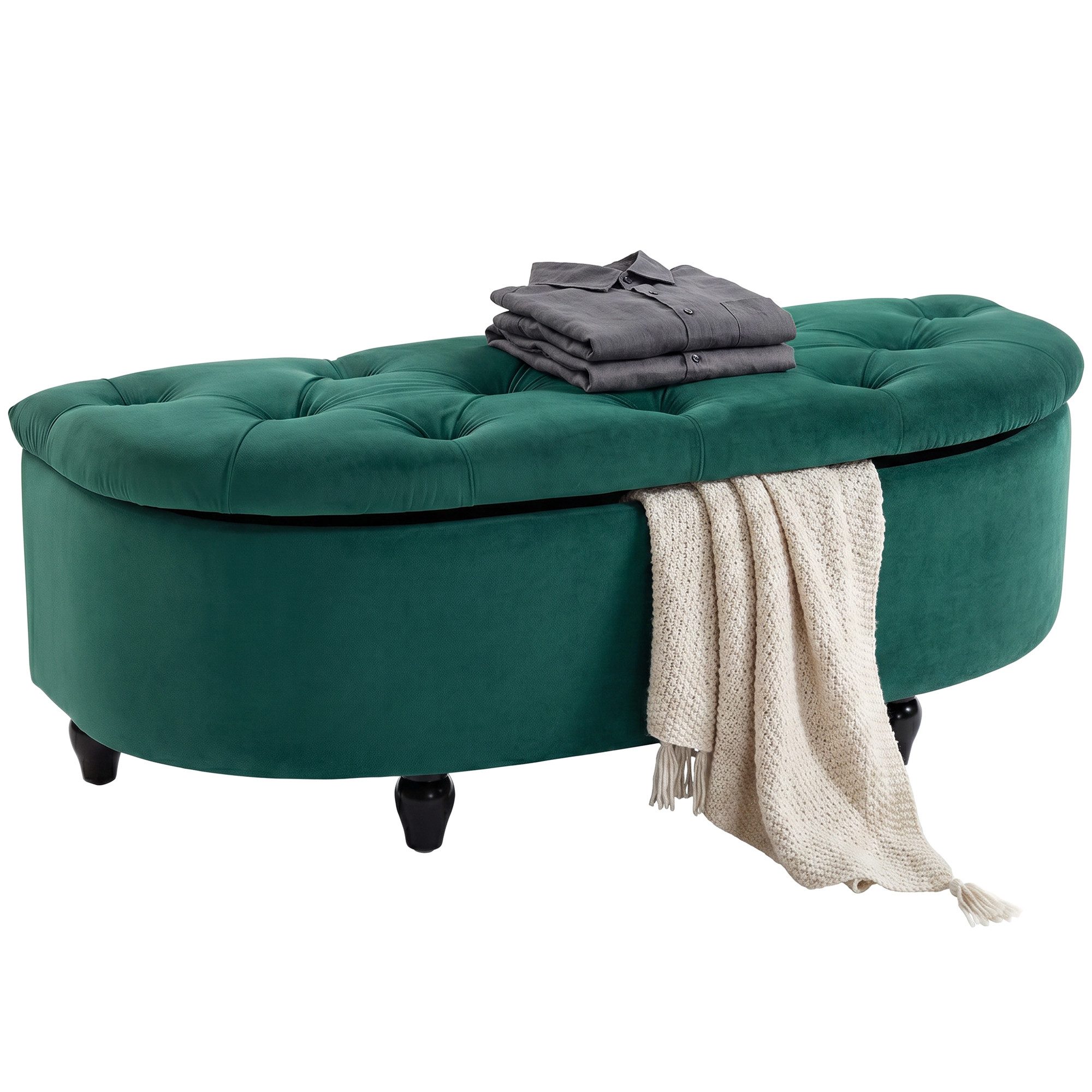 HOMCOM Sitzbank mit geöffnetem Deckel, Velvet-Touch (Bank, 1-St., Hocker), für Wohnzimmer, Dunkelgrün