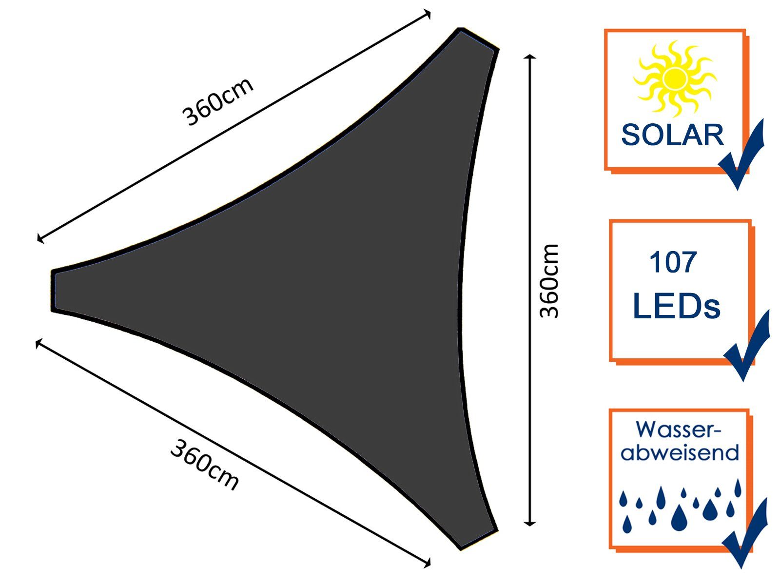 PEREL Sonnensegel, dreieckig Dreiecksegel Solar LED Licht Garten Sonnenschutz-Segel 5,6m²