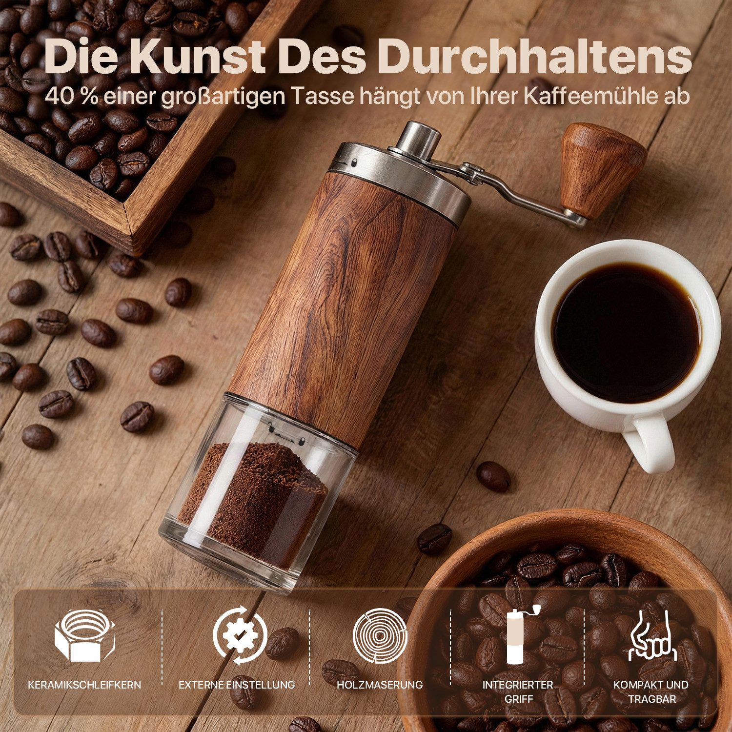 ANYSUN Kaffeemühle manuell für Kaffeebohnen, Handkaffeemühle mit Keramikmahlwerk, 30 g Bohnenbehälter, 30 g Bohnenbehälter, manuelle Kaffeemühle für Zuhause, Reise & Camping