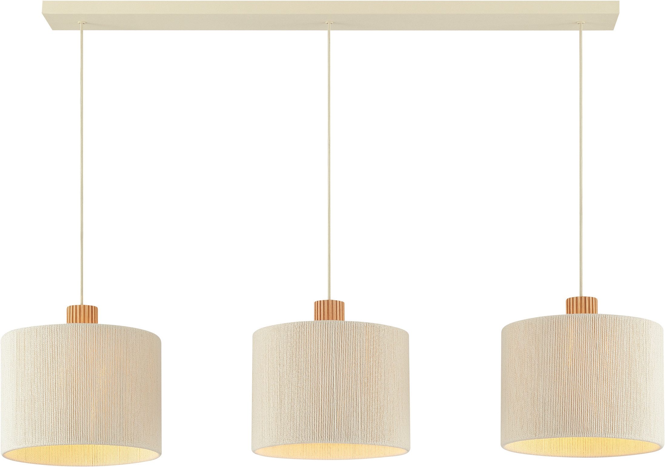 Brilliant Pendelleuchte Arlo, ohne Leuchtmittel, 3x E27 Fassung, 120 x 28 x 150 cm, kürzbar, Metall/Holz/Textil, beige