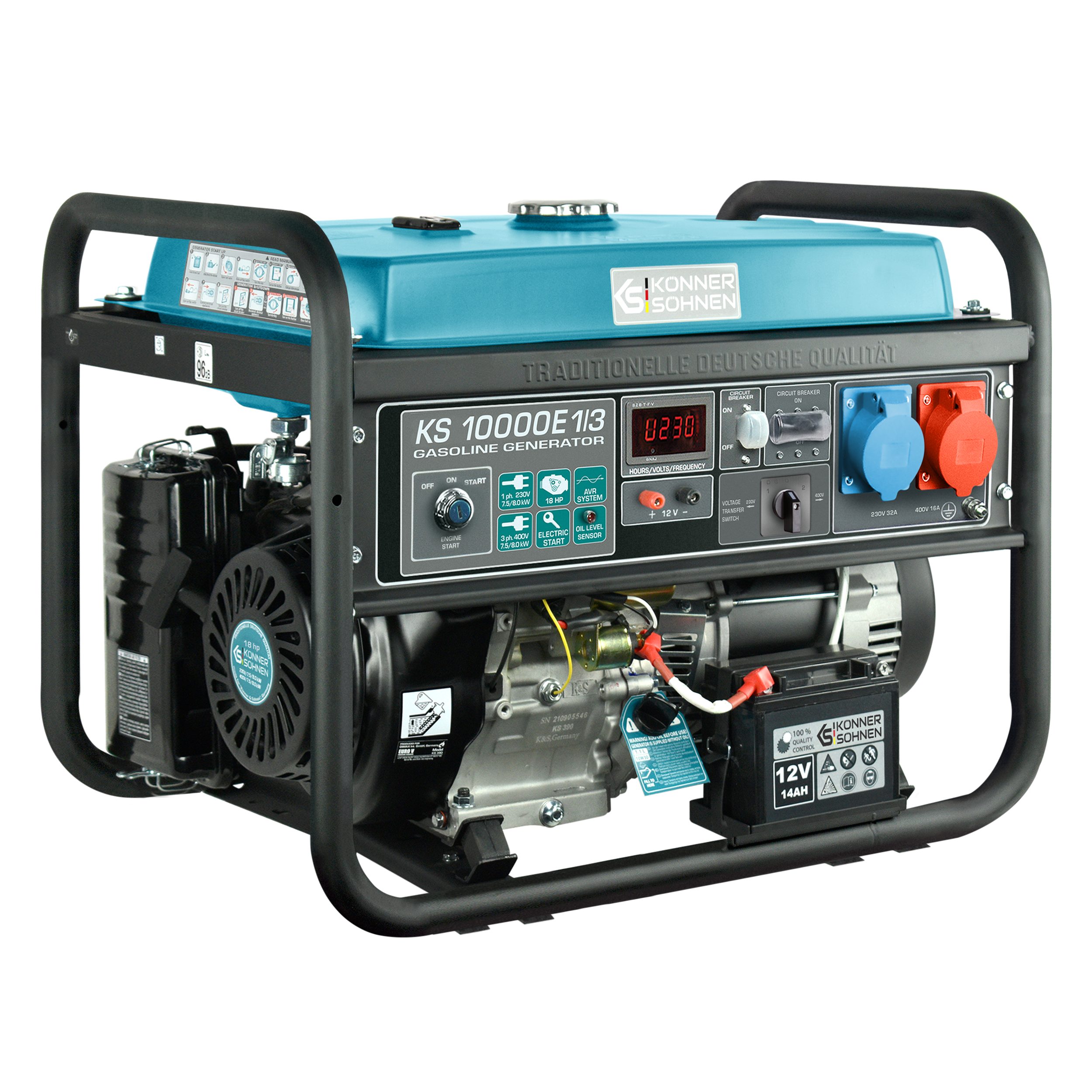 Könner & Söhnen Stromerzeuger KS 10000E 1/3, 8,00 in kW, (VTS-Generator 230V/400V ohne Leistungsverlust (8.0 kW), 1-tlg., Volle 8kW auf 1&3 Phasen, E-Start, 25L Tank, CEE 32A), VTS-System, E-Start, 100% Kupfer, CEE 32A/16A Dosen