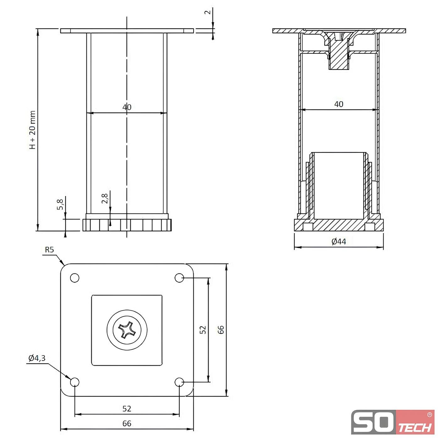 SO-TECH® Möbelfuß Schrankfuß Sockelfuß Stützfuß chrom Höhe 100 mm verstellbar