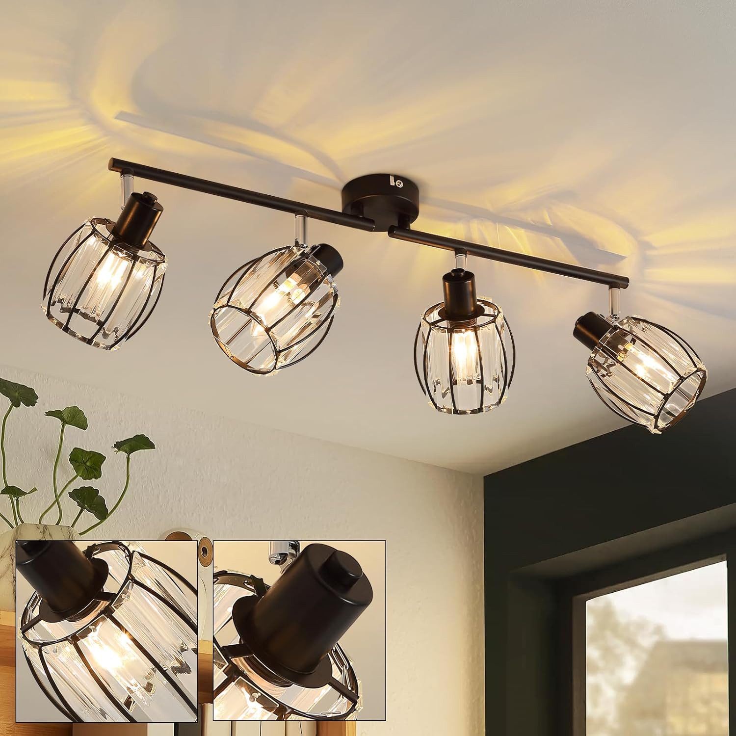 Nettlife Deckenstrahler Kristall Vintage Industrial Deckenspot Schwarz E14 350° schwenkbar, LED wechselbar, Retro Прожекторы Industrial Flurlampe für Flur Hotel