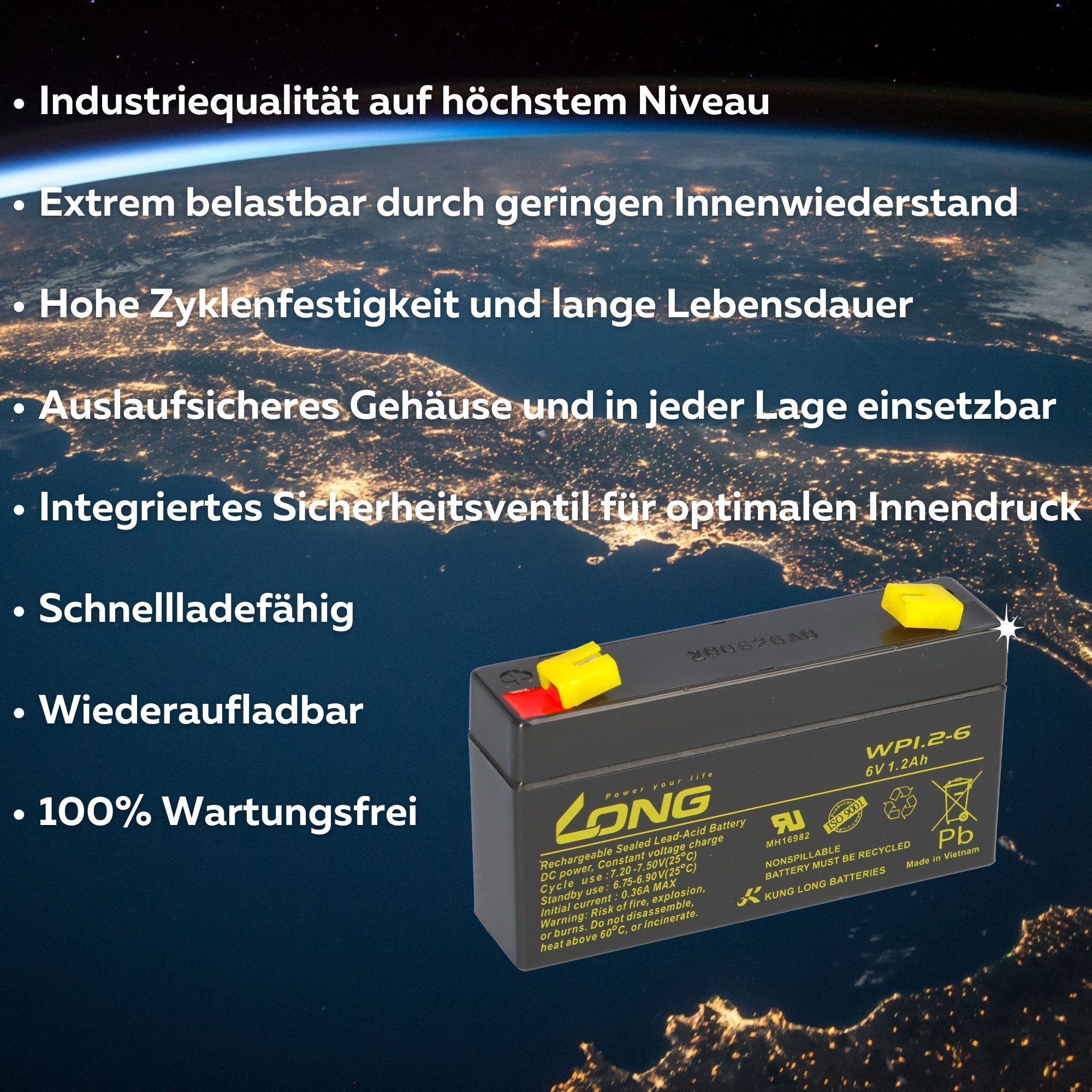 Kung Long Kung Long Akku WP1.2-6 6V 1,2Ah.AGM Blei Vlies 6Volt Bleiakkus