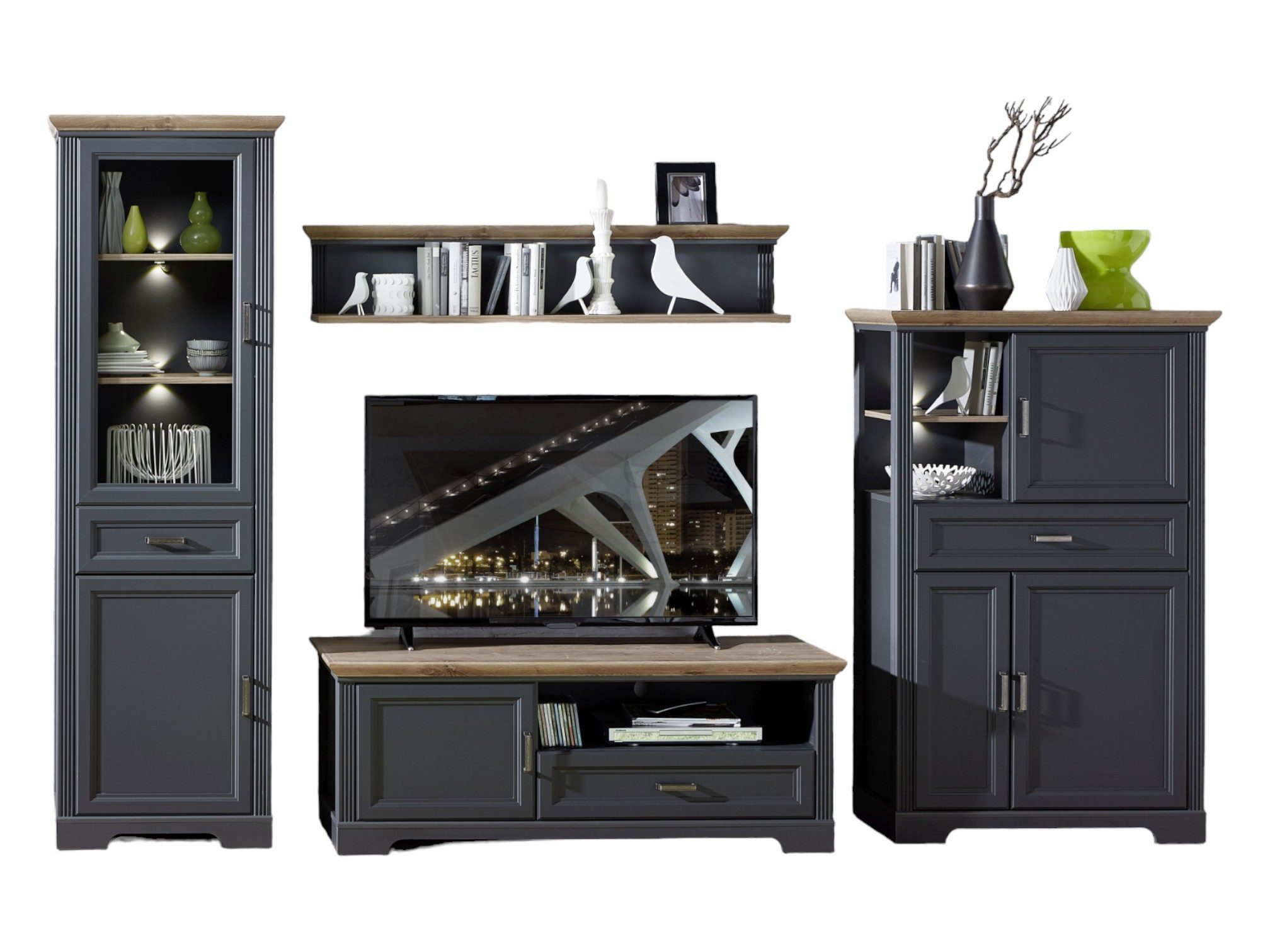 moebel-dich-auf Wohnwand FLORENZ Set 1, (Wohnzimmer-Set in 2 Farben, Vitrine + Wandboard + Lowboard + Stauraumelement), inkl. LED-Beleuchtung, optional mit Couchtisch